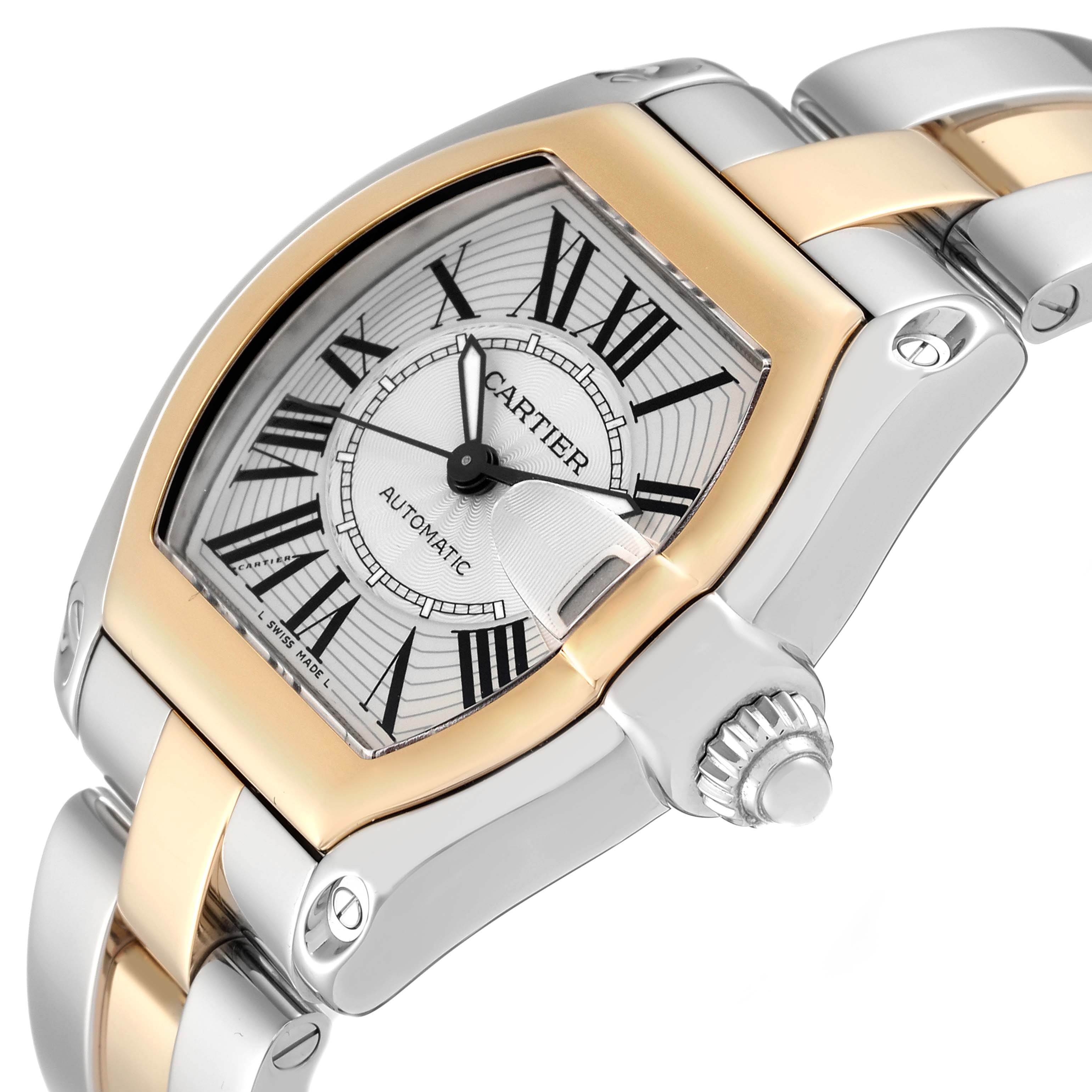 The image shows a close-up angled view of the Cartier Roadster W62031Y4 Men's Steel and Gold (two tone) Silver Dial W62031Y4 Men's Steel and Gold (two tone) Silver Dial watch, highlighting the dial, crown, and part of the bracelet.