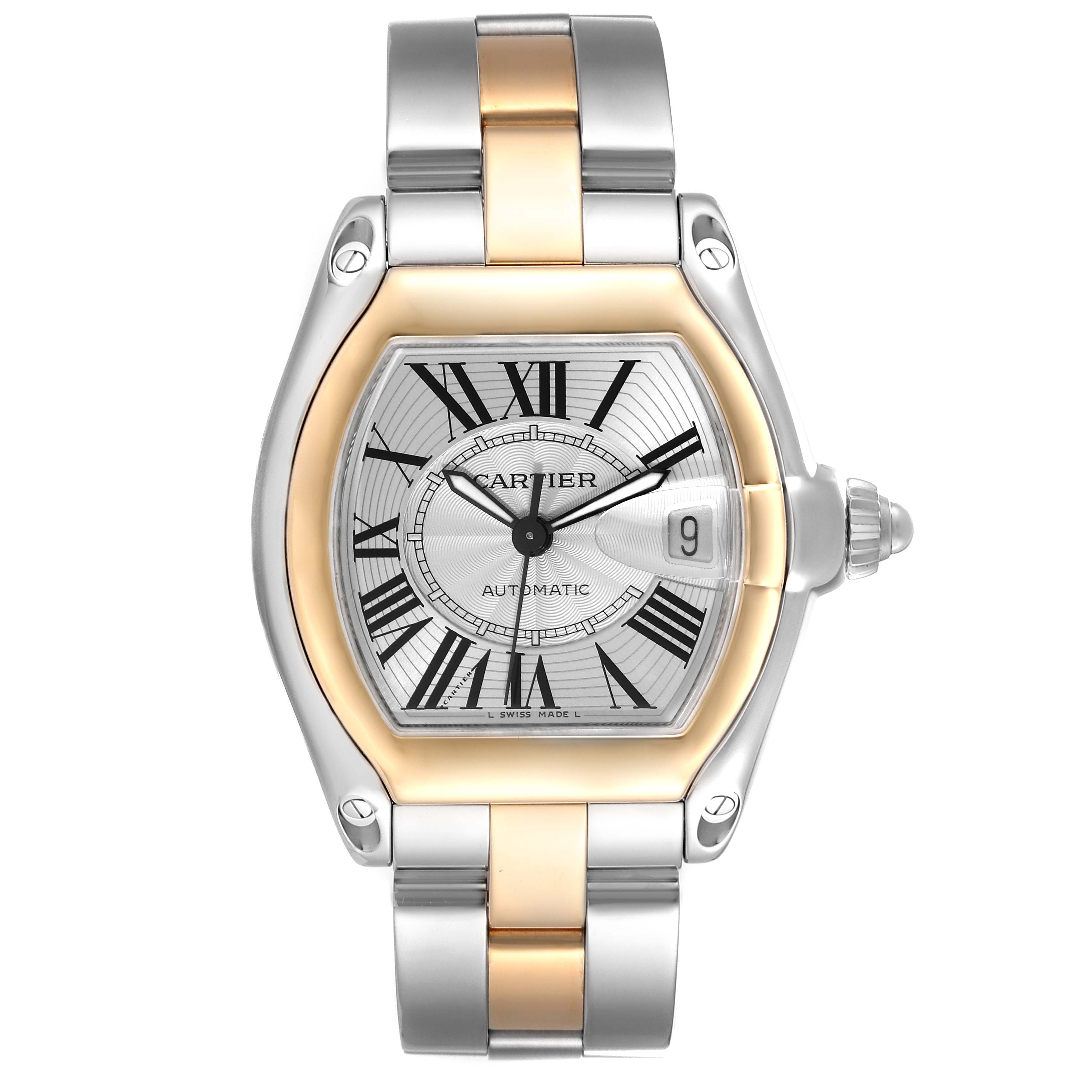 This image shows a frontal view of the Cartier Roadster W62031Y4 Men's Steel and Gold (two tone) Silver Dial W62031Y4 Men's Steel and Gold (two tone) Silver Dial watch, highlighting its dial, bezel, and two-tone bracelet.
