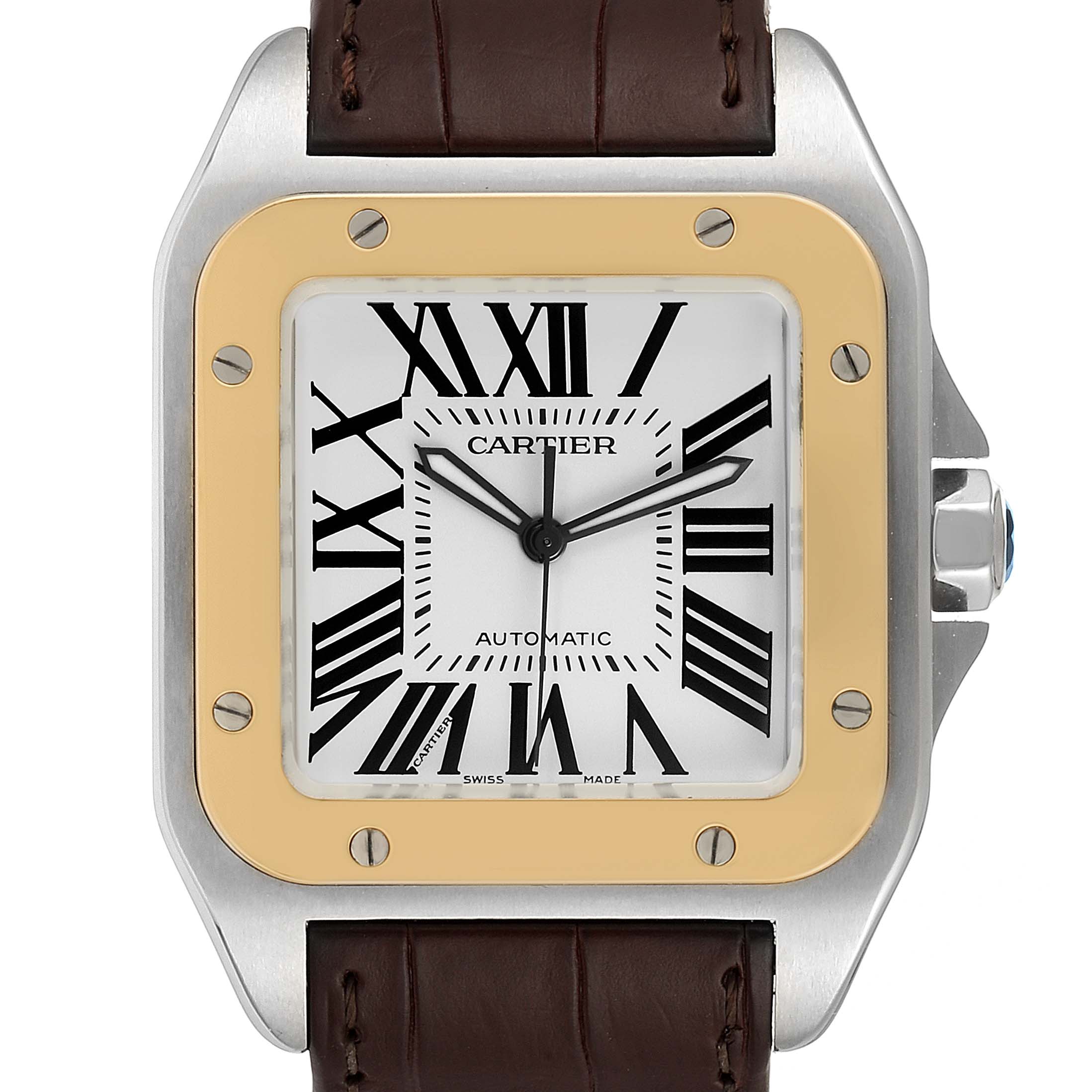 This image shows a frontal view of a Cartier Santos W20072X7 Men
s Steel and Gold (two tone) Silver Dial W20072X7 Men
s Steel and Gold (two tone) Silver Dial watch with a square gold bezel and brown leather strap.