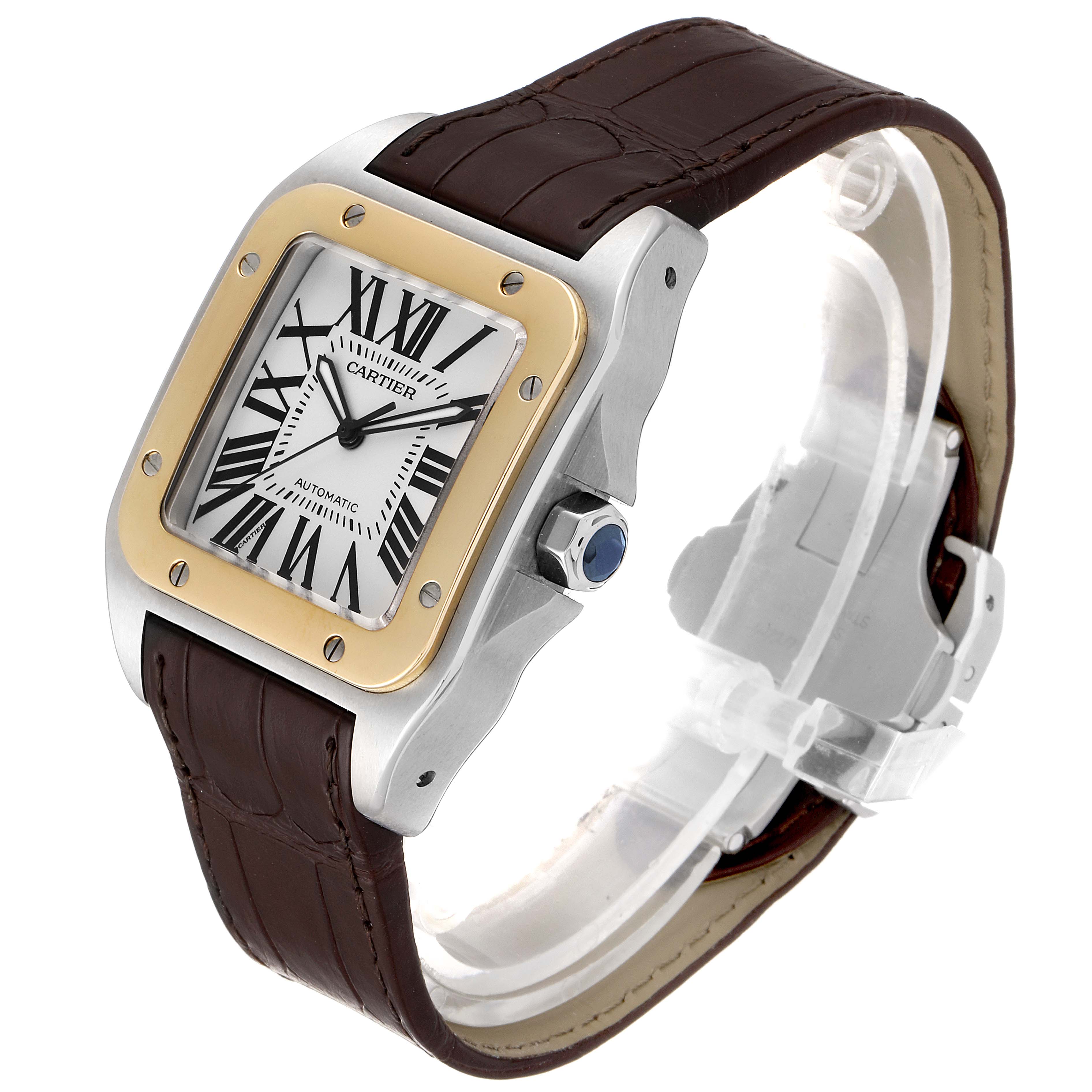 The image shows a Cartier Santos W20072X7 Men
s Steel and Gold (two tone) Silver Dial W20072X7 Men
s Steel and Gold (two tone) Silver Dial watch at a slight angle, displaying the dial, bezel, crown, and leather strap.