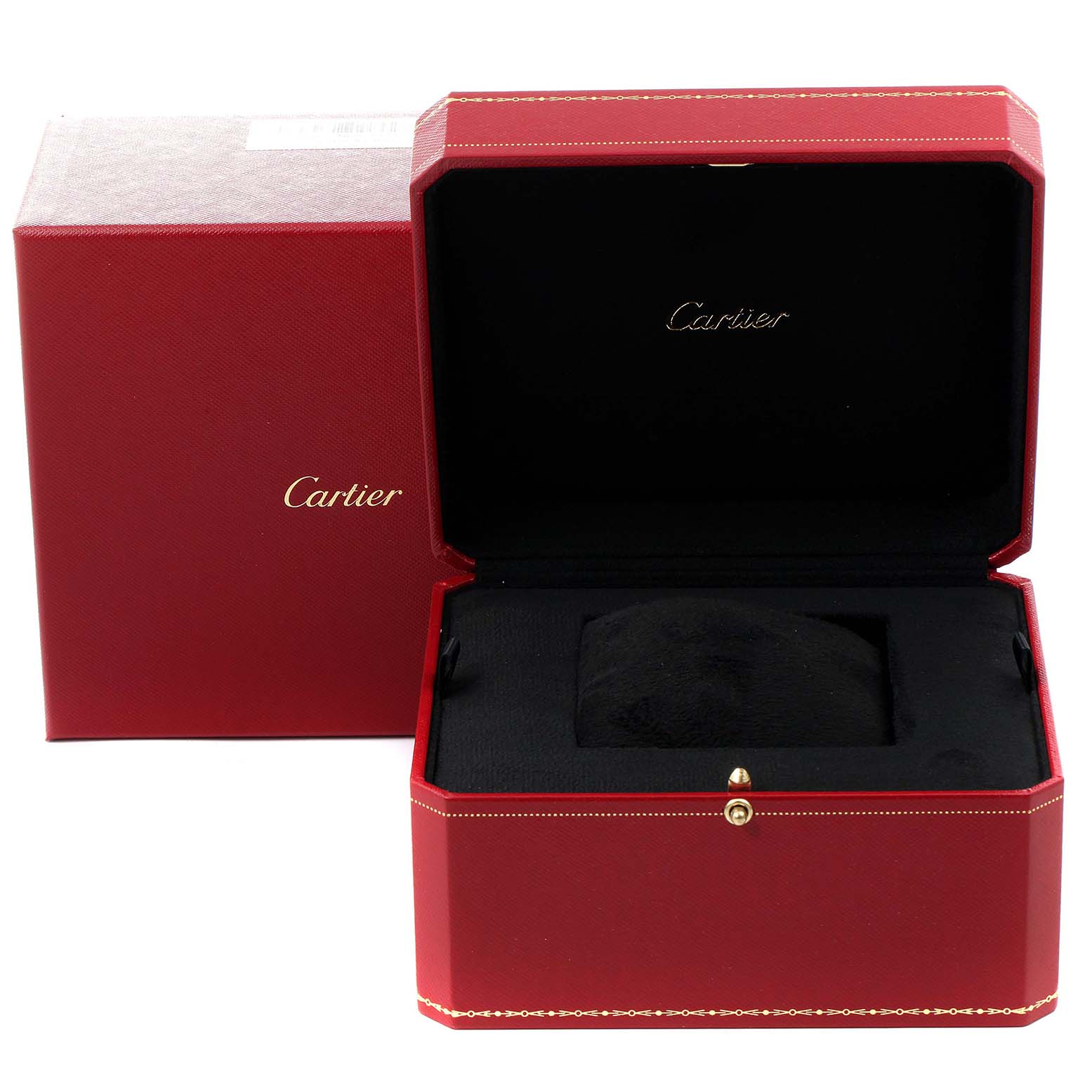 The image shows an open Cartier Santos W20072X7 Men
s Steel and Gold (two tone) Silver Dial W20072X7 Men
s Steel and Gold (two tone) Silver Dial watch box with its protective red outer case.