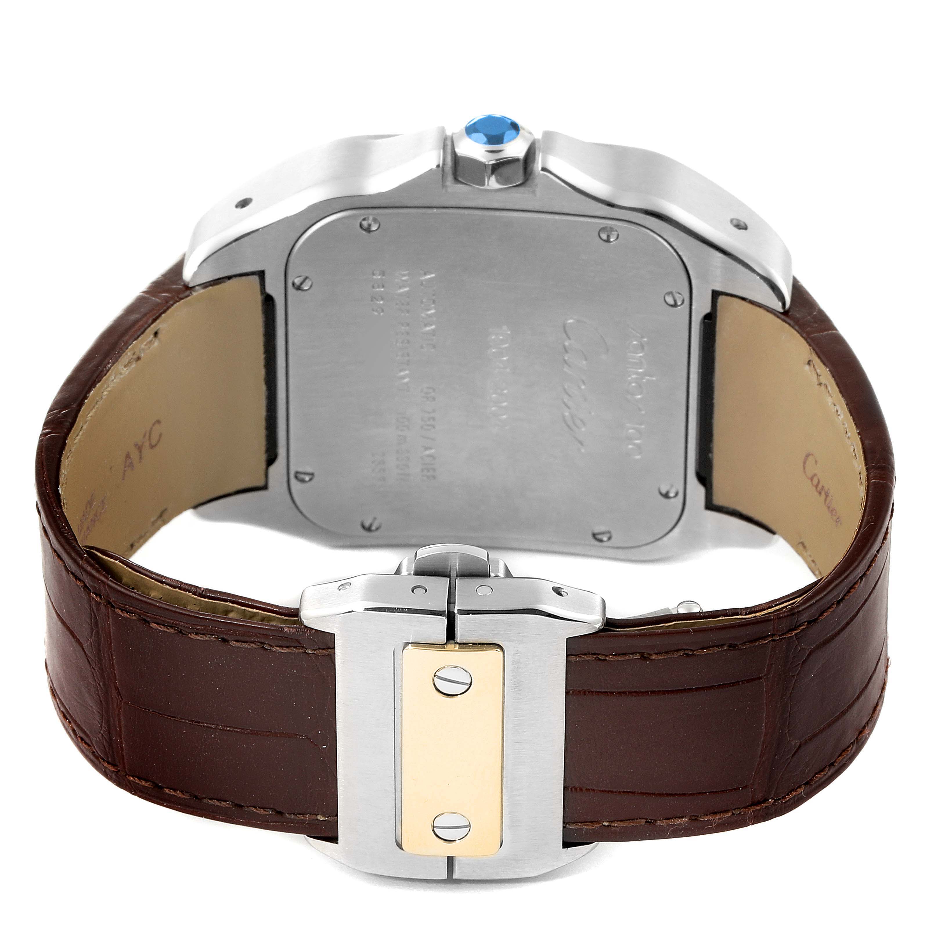 This image shows the back view of a Santos model by Cartier, highlighting its case back, crown, and leather strap with a clasp.