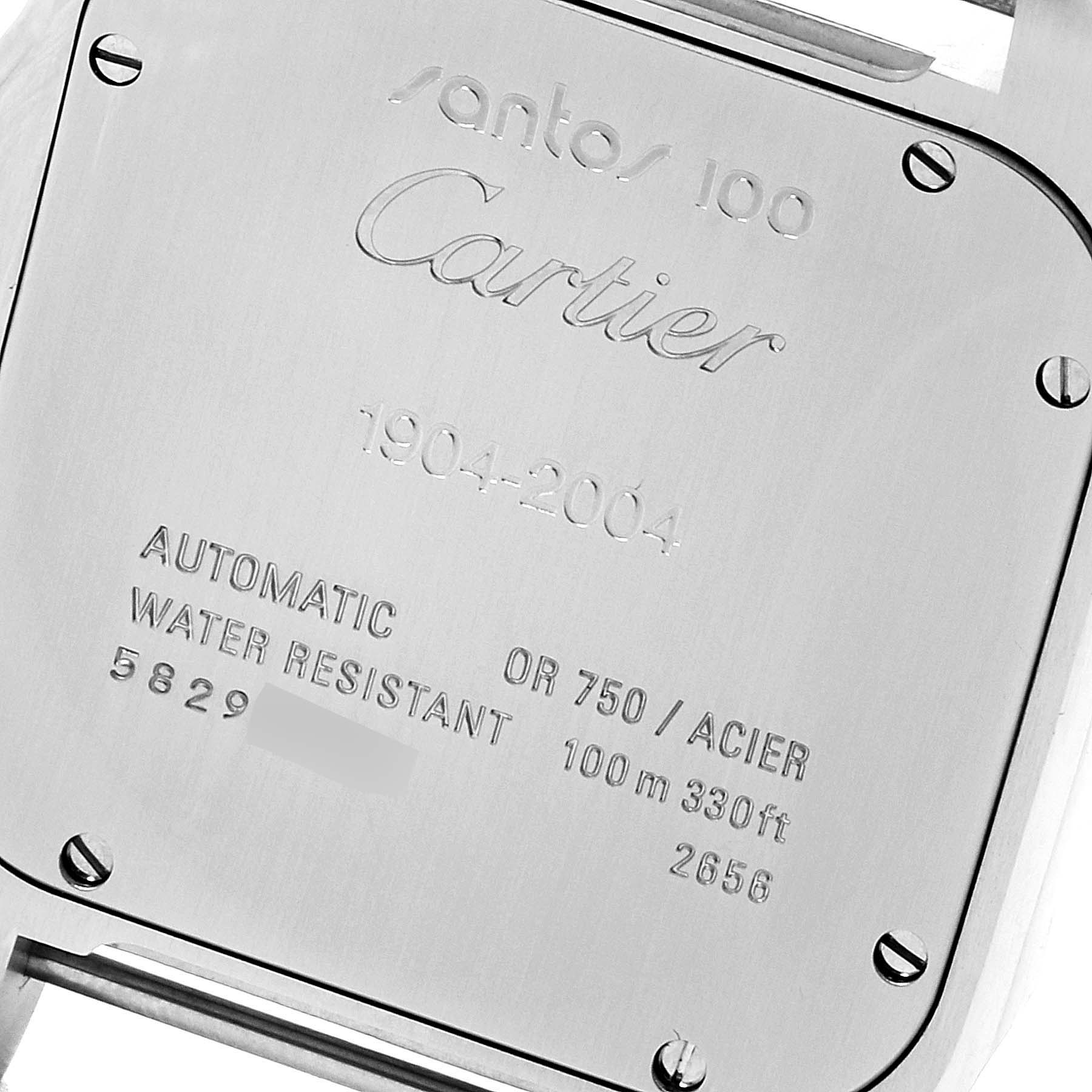 The image shows the back case of a Santos model by Cartier, detailing its specifications and markings.