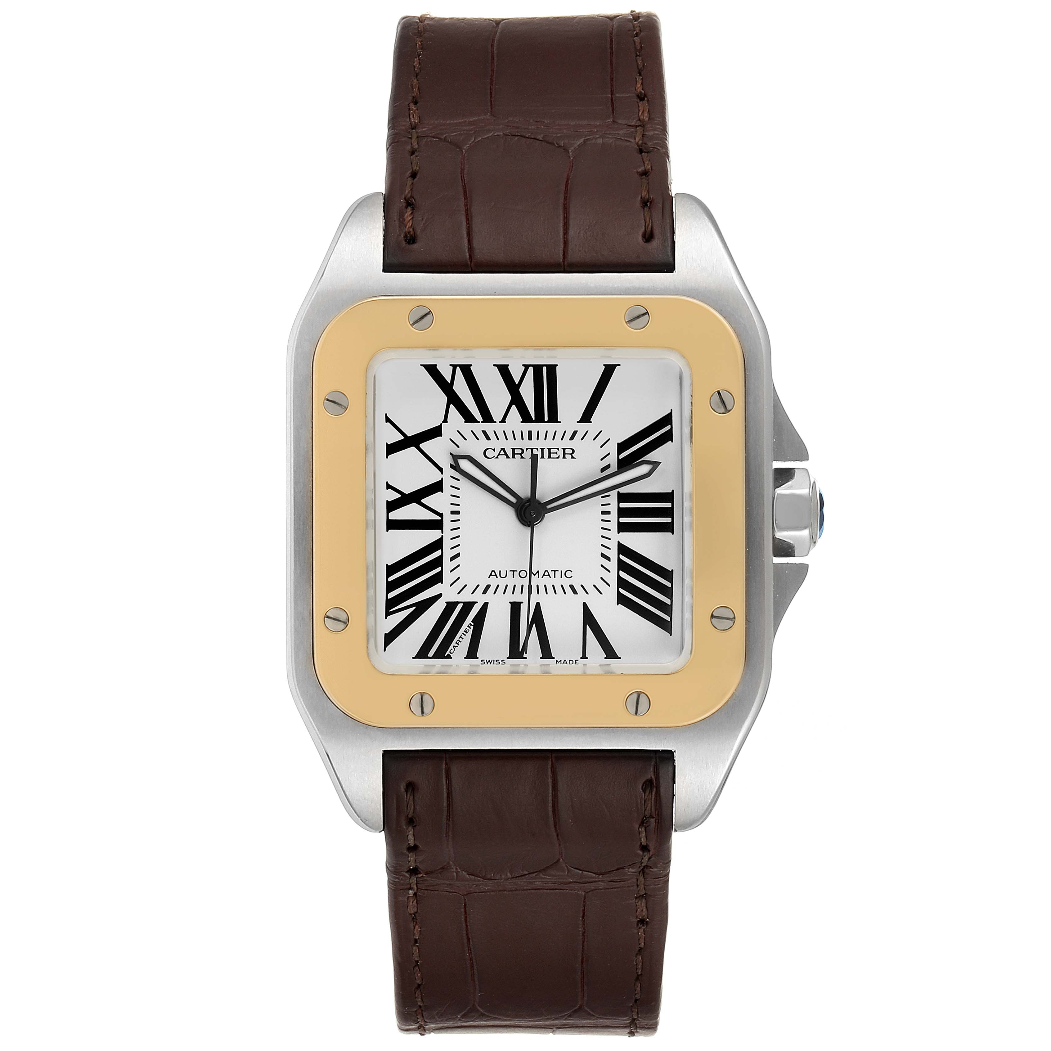 This image shows a Cartier Santos W20072X7 Men
s Steel and Gold (two tone) Silver Dial W20072X7 Men
s Steel and Gold (two tone) Silver Dial watch from the front, highlighting its brown leather strap, square case, and Roman numeral dial.