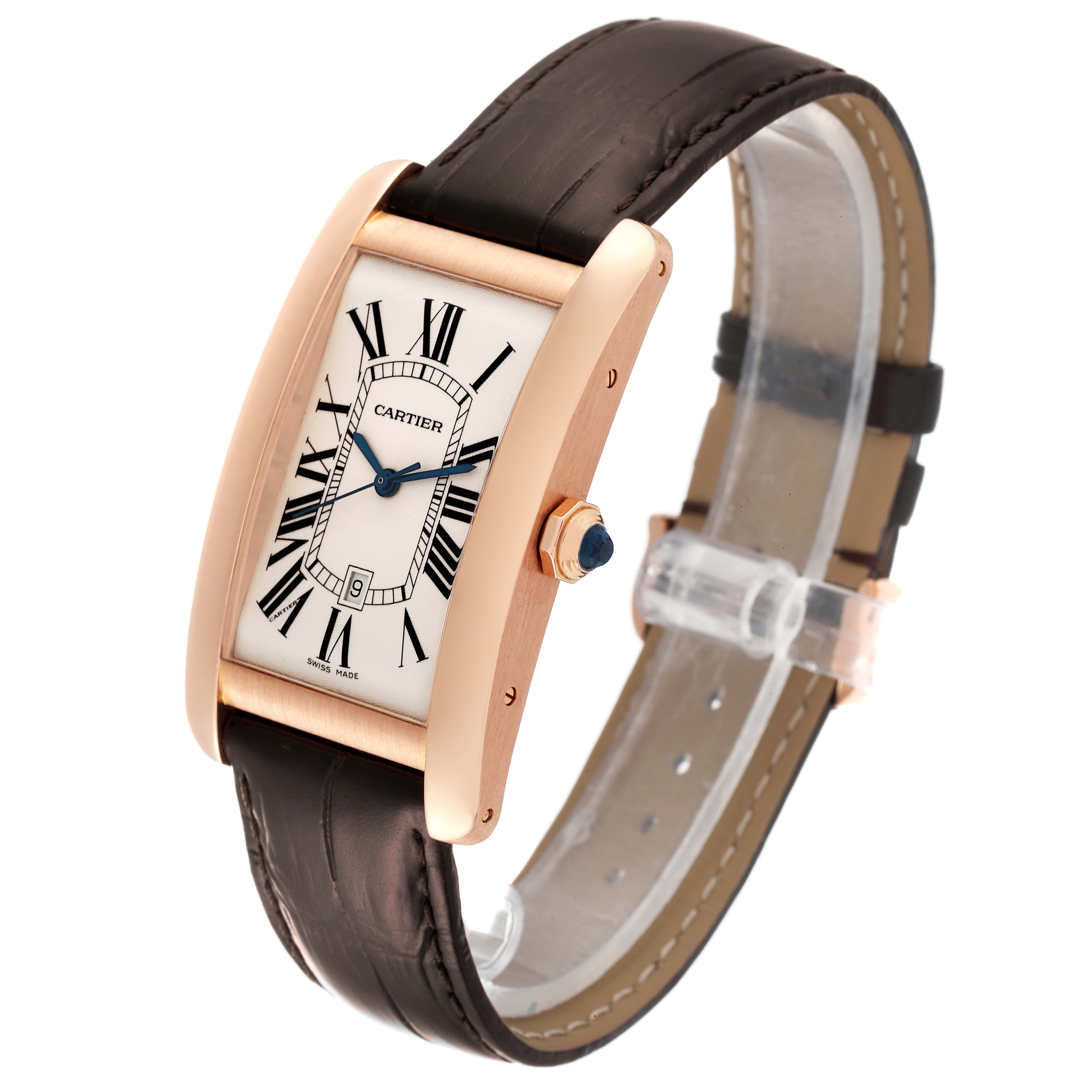 The image shows the Cartier Tank Americaine W2609156 Men's Rose Gold Silver Dial W2609156 Men's Rose Gold Silver Dial watch, viewed at an angled front perspective, displaying its face, strap, and crown.