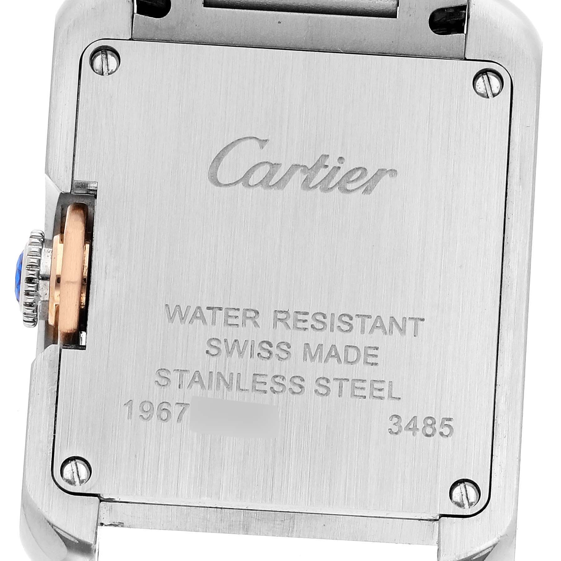 This image shows the back casing of a Cartier Tank Anglaise W5310036 Women
s Steel and Gold (two tone) Silver Dial W5310036 Women
s Steel and Gold (two tone) Silver Dial watch, highlighting the engraved brand, water resistance, and Swiss-made details.