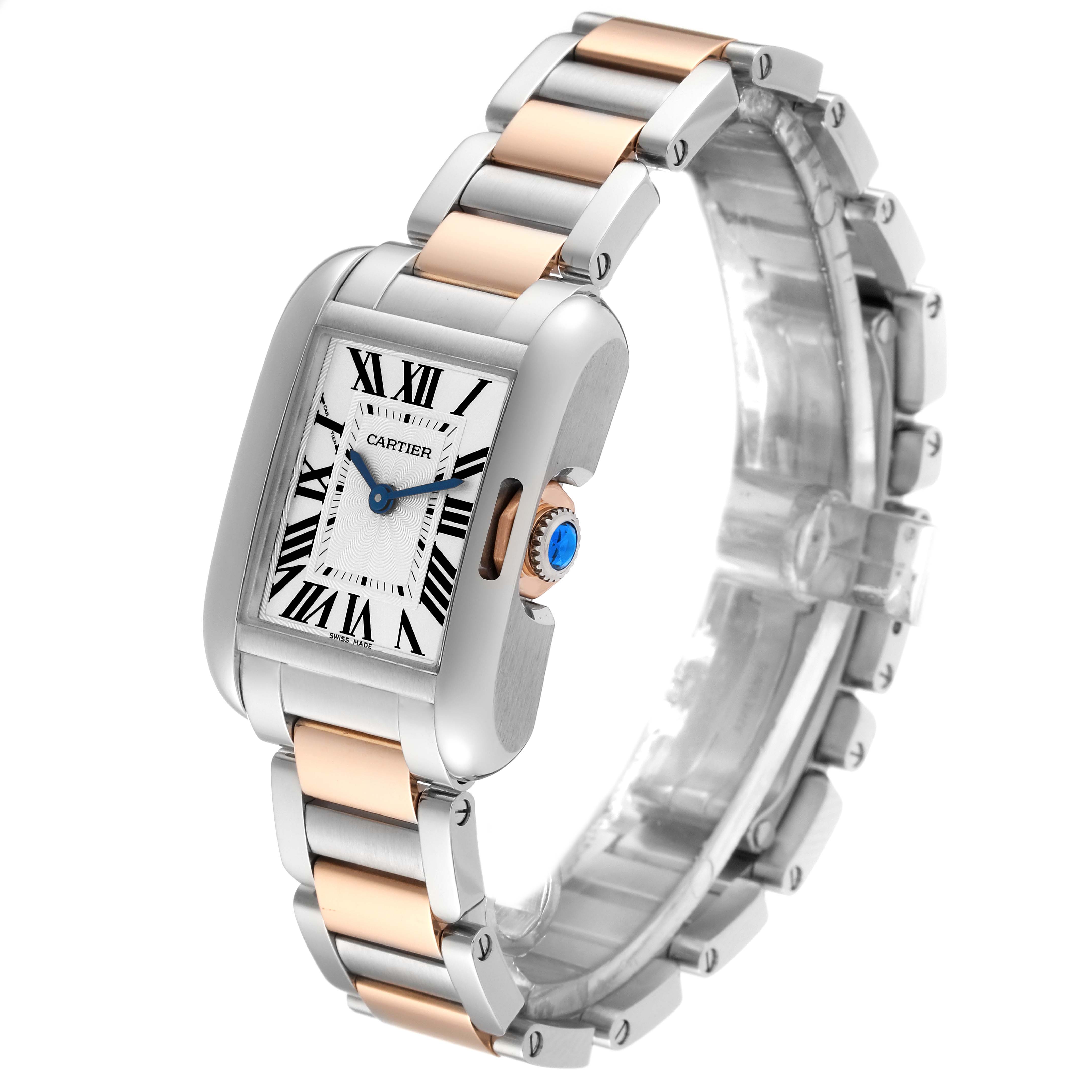 The image shows a Cartier Tank Anglaise W5310036 Women
s Steel and Gold (two tone) Silver Dial W5310036 Women
s Steel and Gold (two tone) Silver Dial watch from an angle that captures the face, bezel, and bracelet.