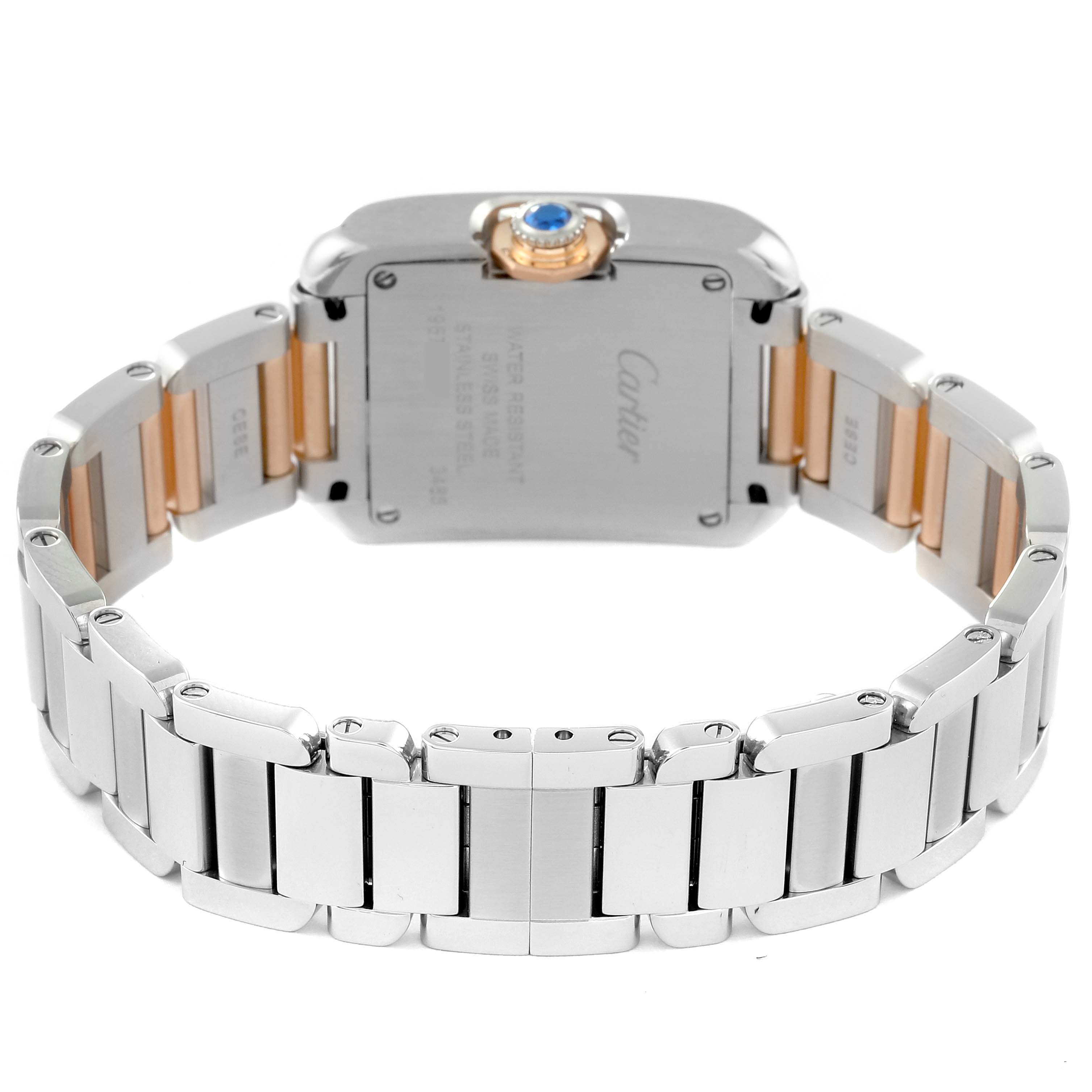 The image displays the back view of the Cartier Tank Anglaise W5310036 Women
s Steel and Gold (two tone) Silver Dial W5310036 Women
s Steel and Gold (two tone) Silver Dial watch, including the case back and bracelet.