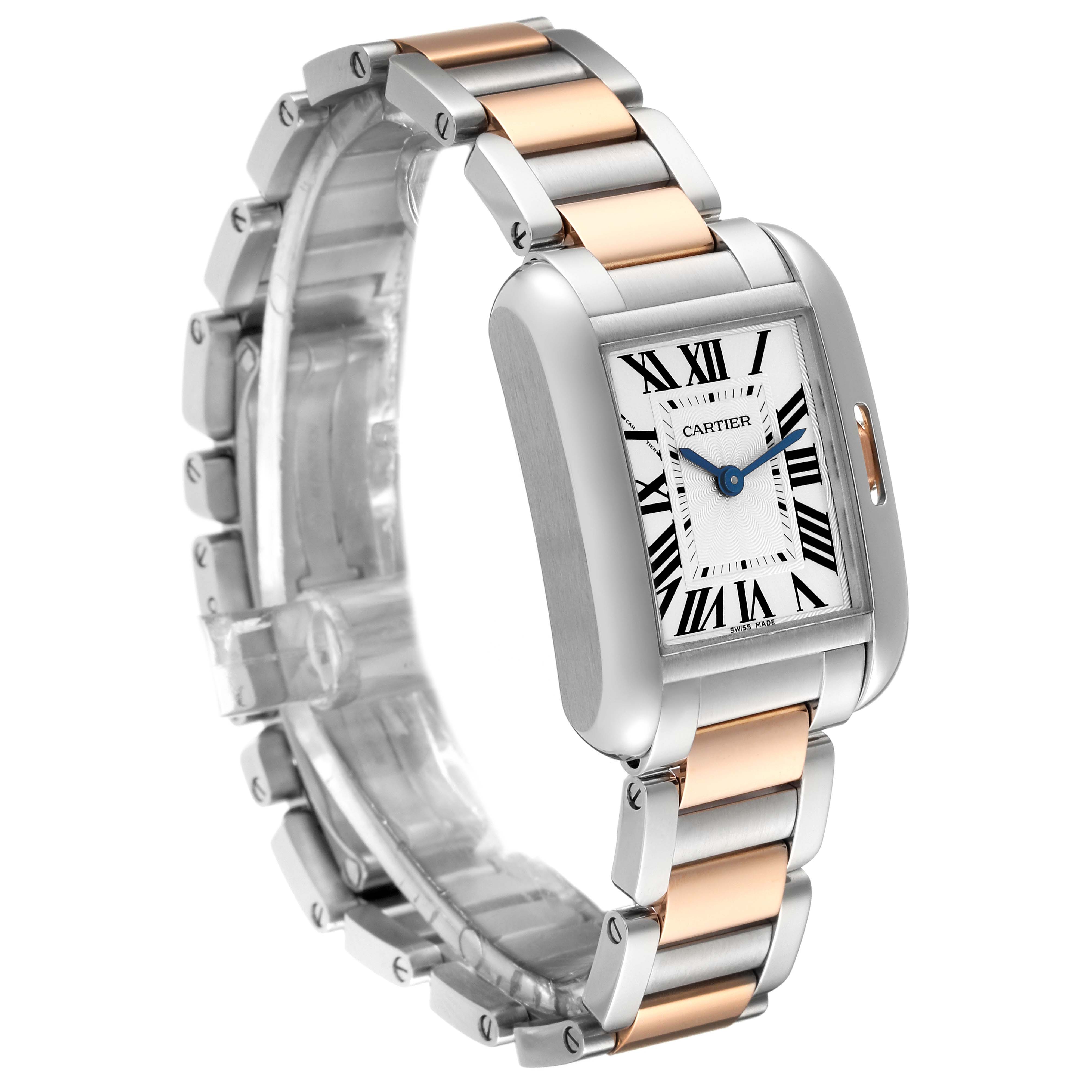 The Tank Anglaise by Cartier is shown at a three-quarter angle, highlighting its rectangular face and two-tone metal bracelet.