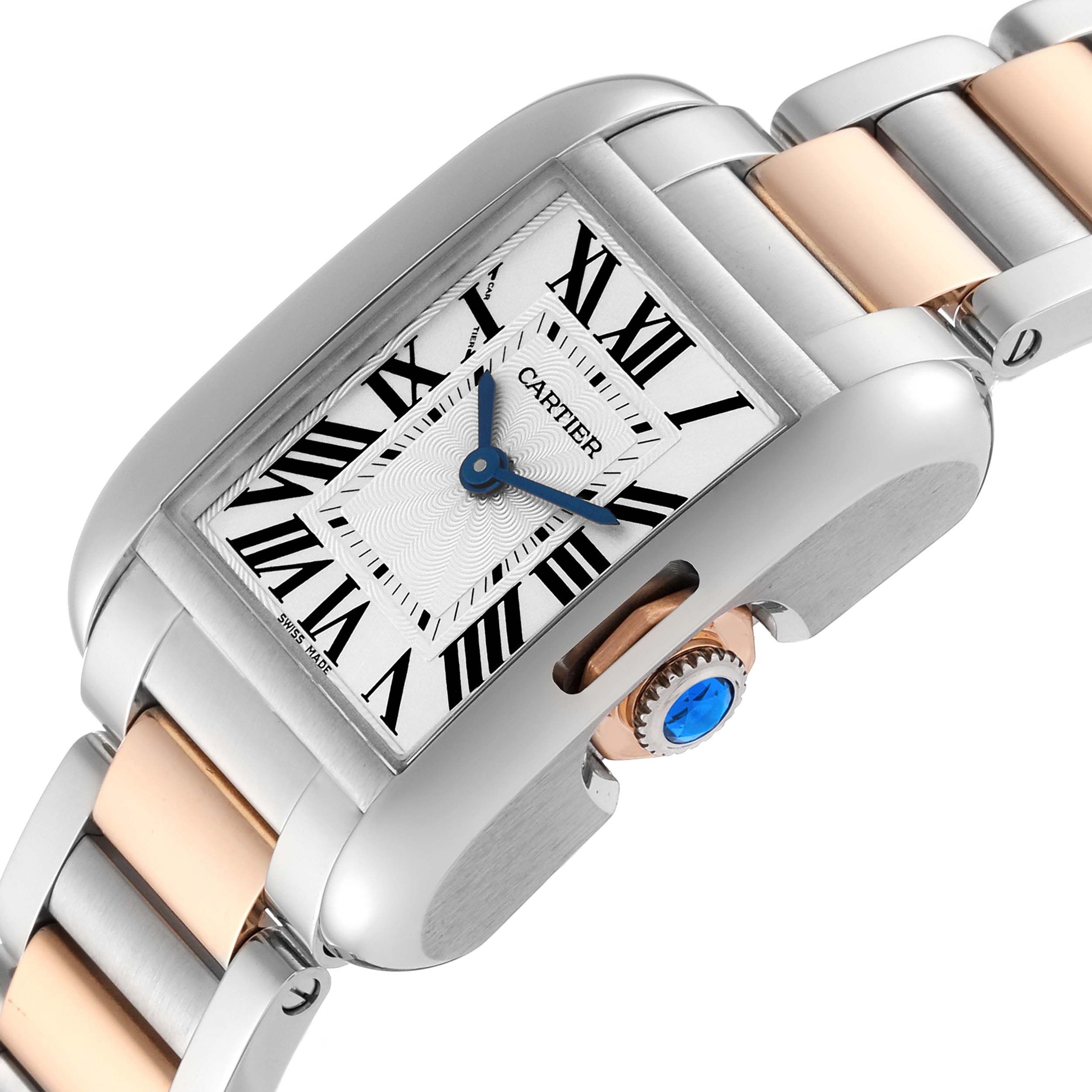 The image shows a close-up, angled view of the Cartier Tank Anglaise W5310036 Women
s Steel and Gold (two tone) Silver Dial W5310036 Women
s Steel and Gold (two tone) Silver Dial watch, focusing on the dial, crown, and part of the bracelet.