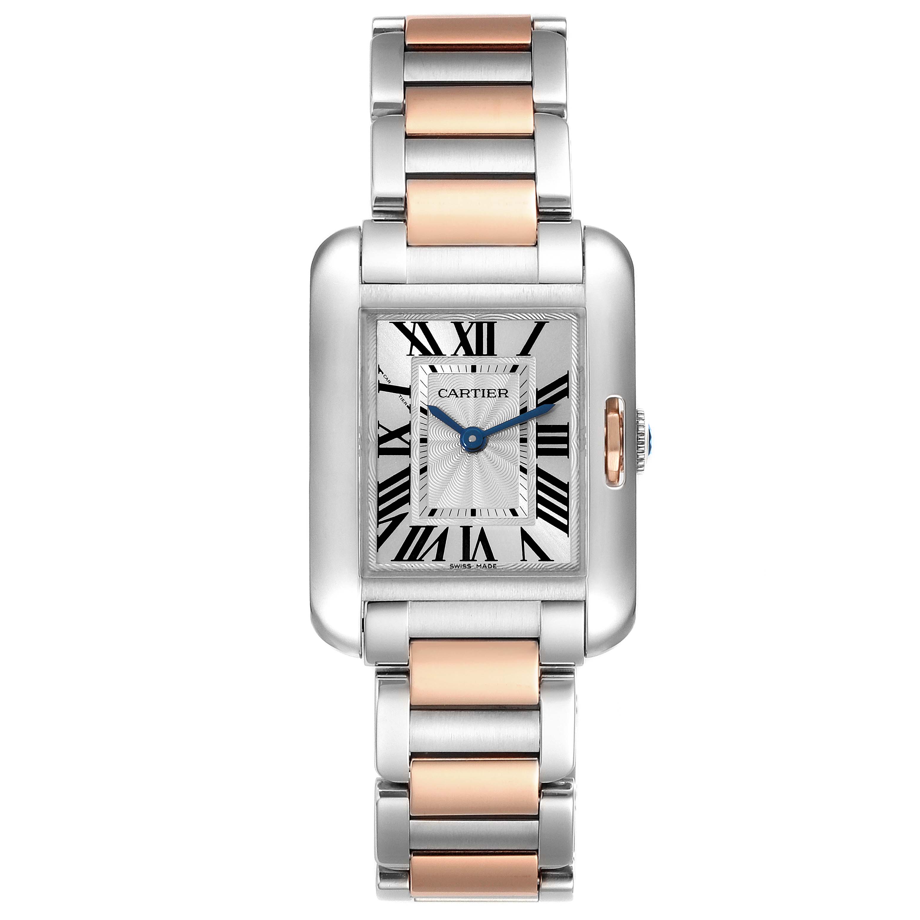 This image shows a front view of the Cartier Tank Anglaise W5310036 Women
s Steel and Gold (two tone) Silver Dial W5310036 Women
s Steel and Gold (two tone) Silver Dial watch, highlighting its face and two-toned metal bracelet.