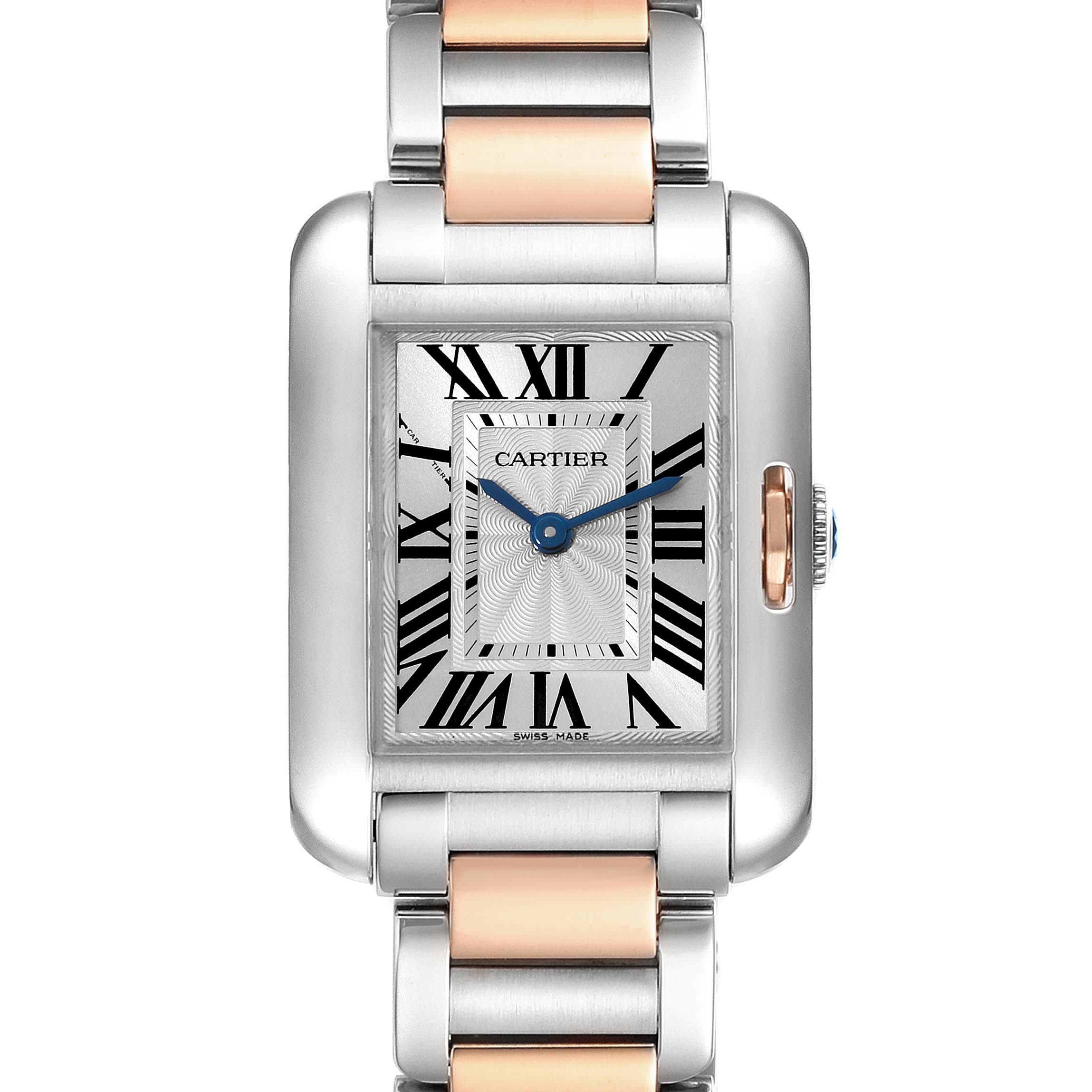 This image shows a frontal view of the Cartier Tank Anglaise W5310036 Women
s Steel and Gold (two tone) Silver Dial W5310036 Women
s Steel and Gold (two tone) Silver Dial watch, featuring its dial, case, and two-tone bracelet.