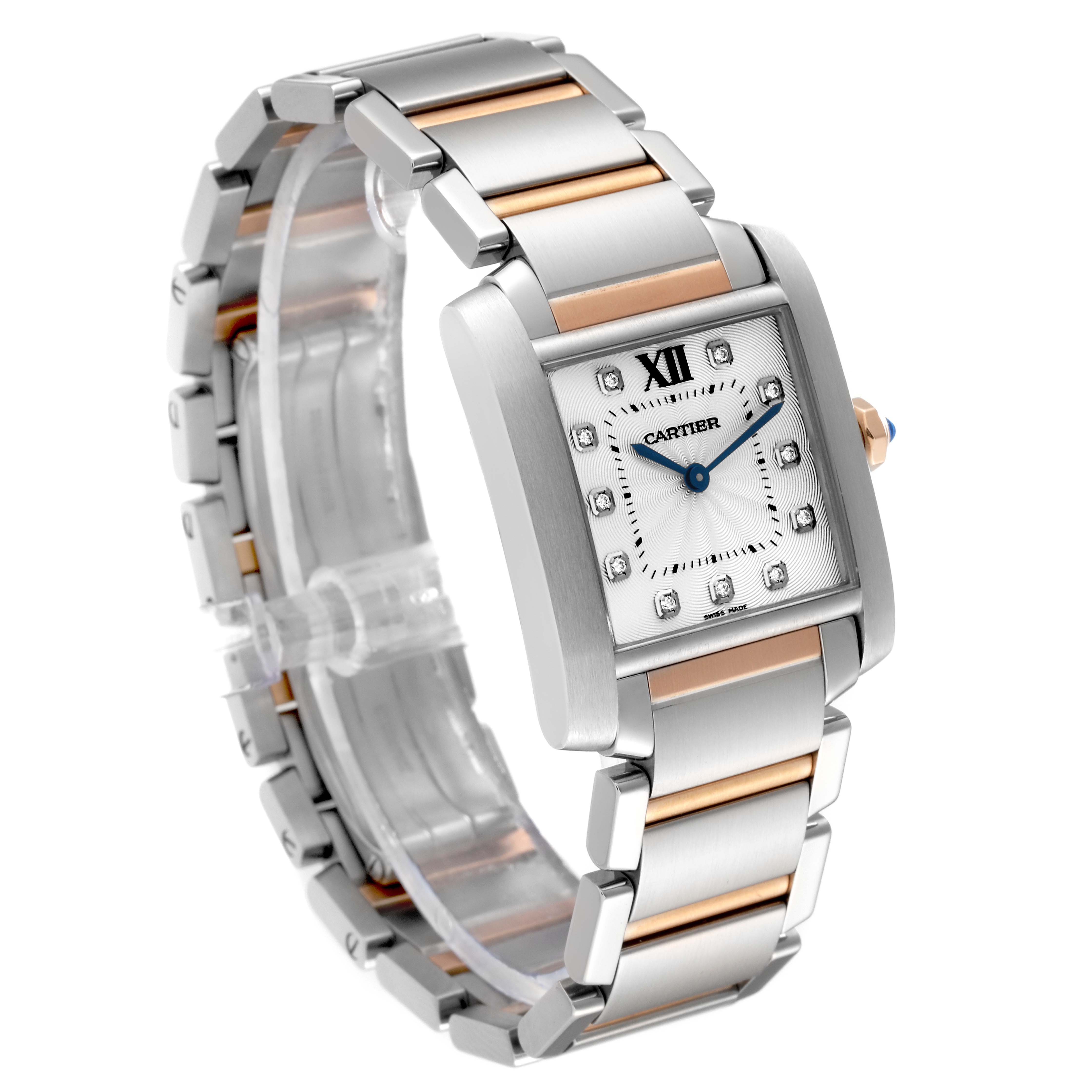 The Cartier Tank Francaise WE110005 Women
s Steel and Gold (two tone) Silver Dial WE110005 Women
s Steel and Gold (two tone) Silver Dial watch is shown at a slight angle, displaying its rectangular face, silver and gold bracelet, and blue hands.
