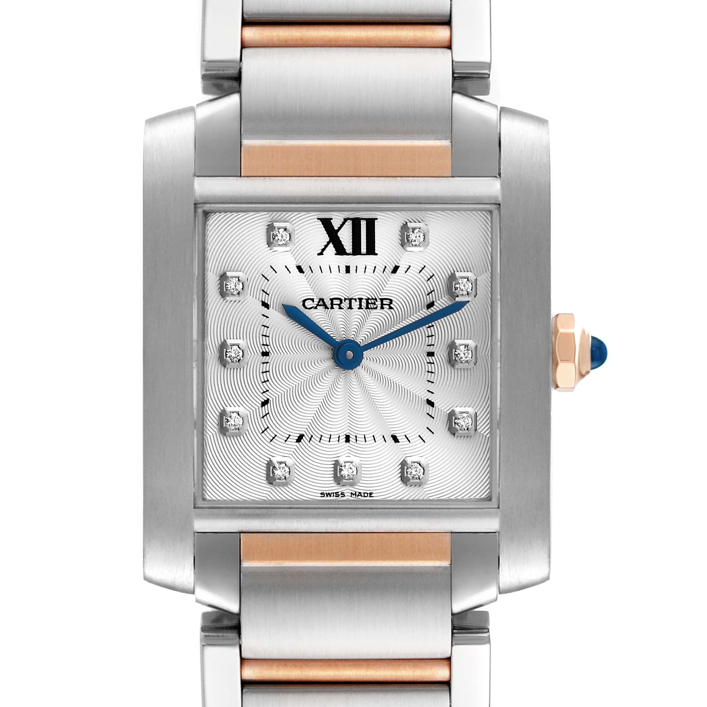 This image shows a front view of a Cartier Tank Francaise WE110005 Women
s Steel and Gold (two tone) Silver Dial WE110005 Women
s Steel and Gold (two tone) Silver Dial watch, emphasizing the dial, bracelet, and crown.