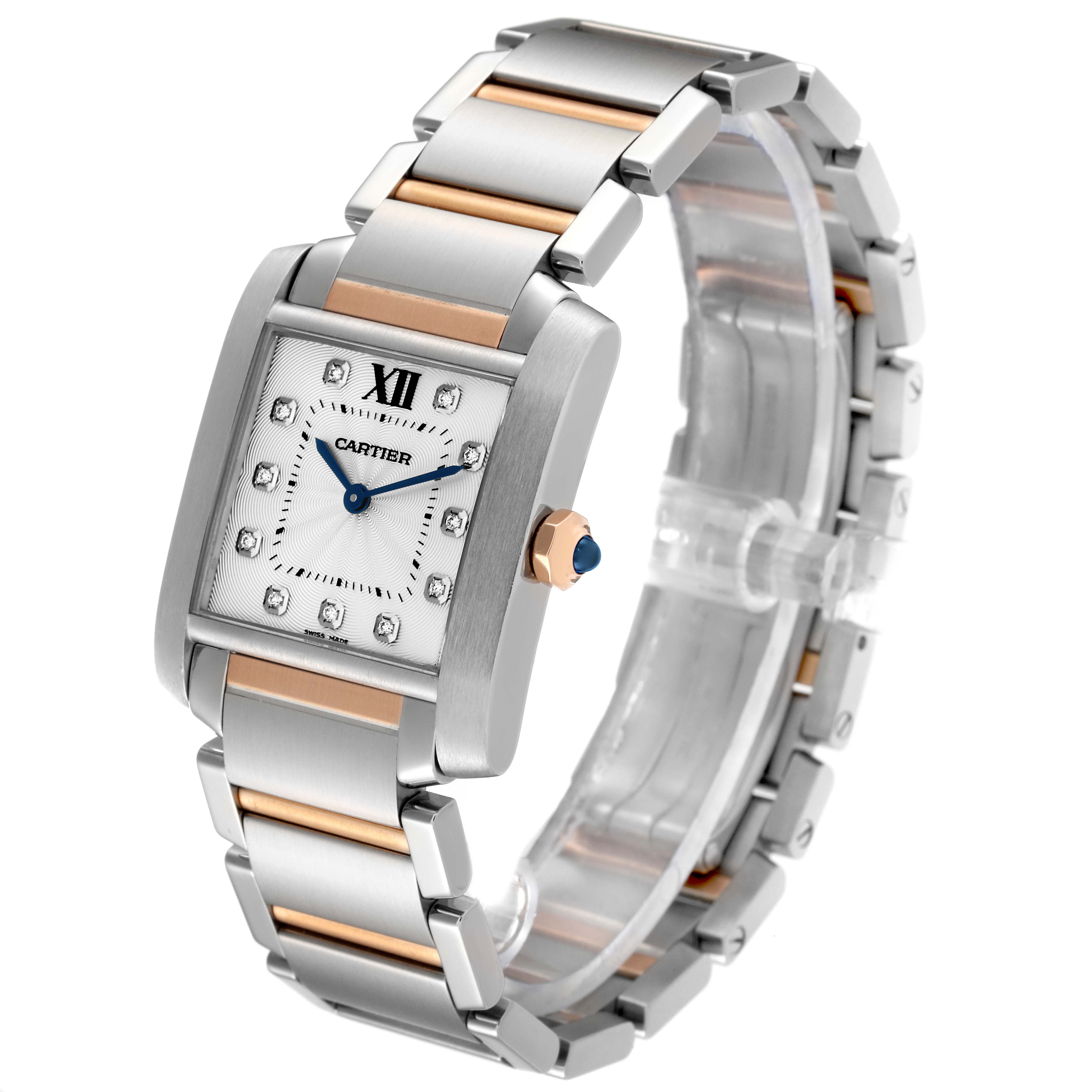 This image shows a Cartier Tank Francaise WE110005 Women
s Steel and Gold (two tone) Silver Dial WE110005 Women
s Steel and Gold (two tone) Silver Dial watch from a three-quarter angle, highlighting its face and metal bracelet.