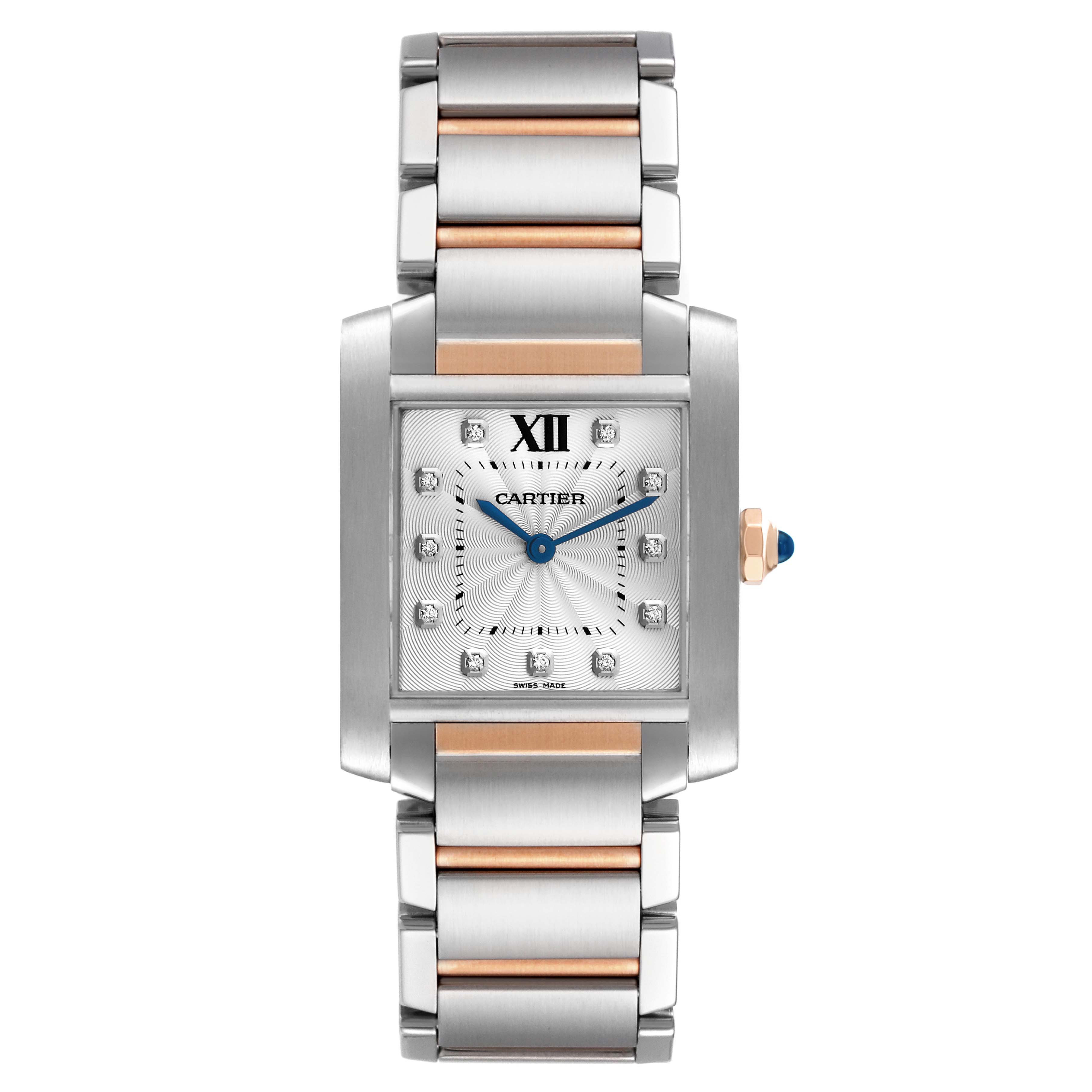 The image shows a Cartier Tank Francaise WE110005 Women
s Steel and Gold (two tone) Silver Dial WE110005 Women
s Steel and Gold (two tone) Silver Dial watch from a front angle, highlighting its dial, bezel, and bracelet.