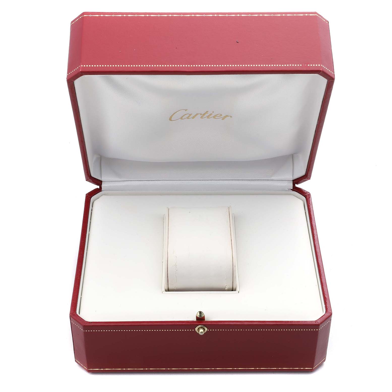 The image shows a Cartier Tank Francaise WE10456H Women's Rose Gold Silver Dial watch box with a cushion inside, viewed from the front.