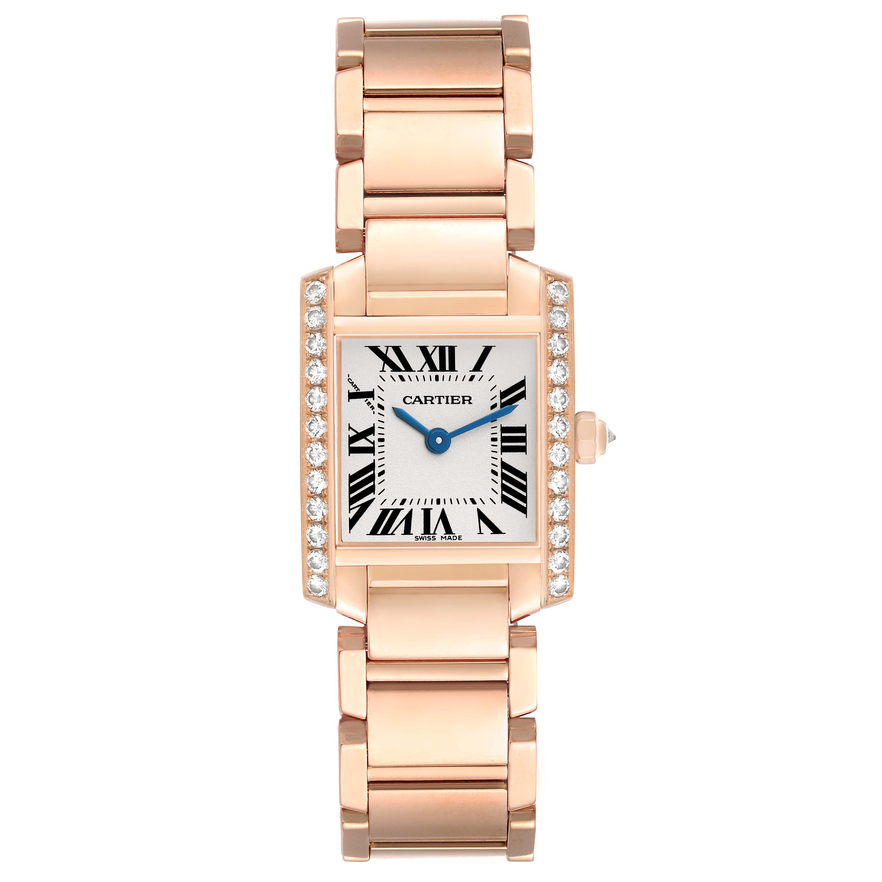 The Cartier Tank Francaise WE10456H Women's Rose Gold Silver Dial watch is shown front-facing, highlighting its bracelet and diamond-accented rectangular case.