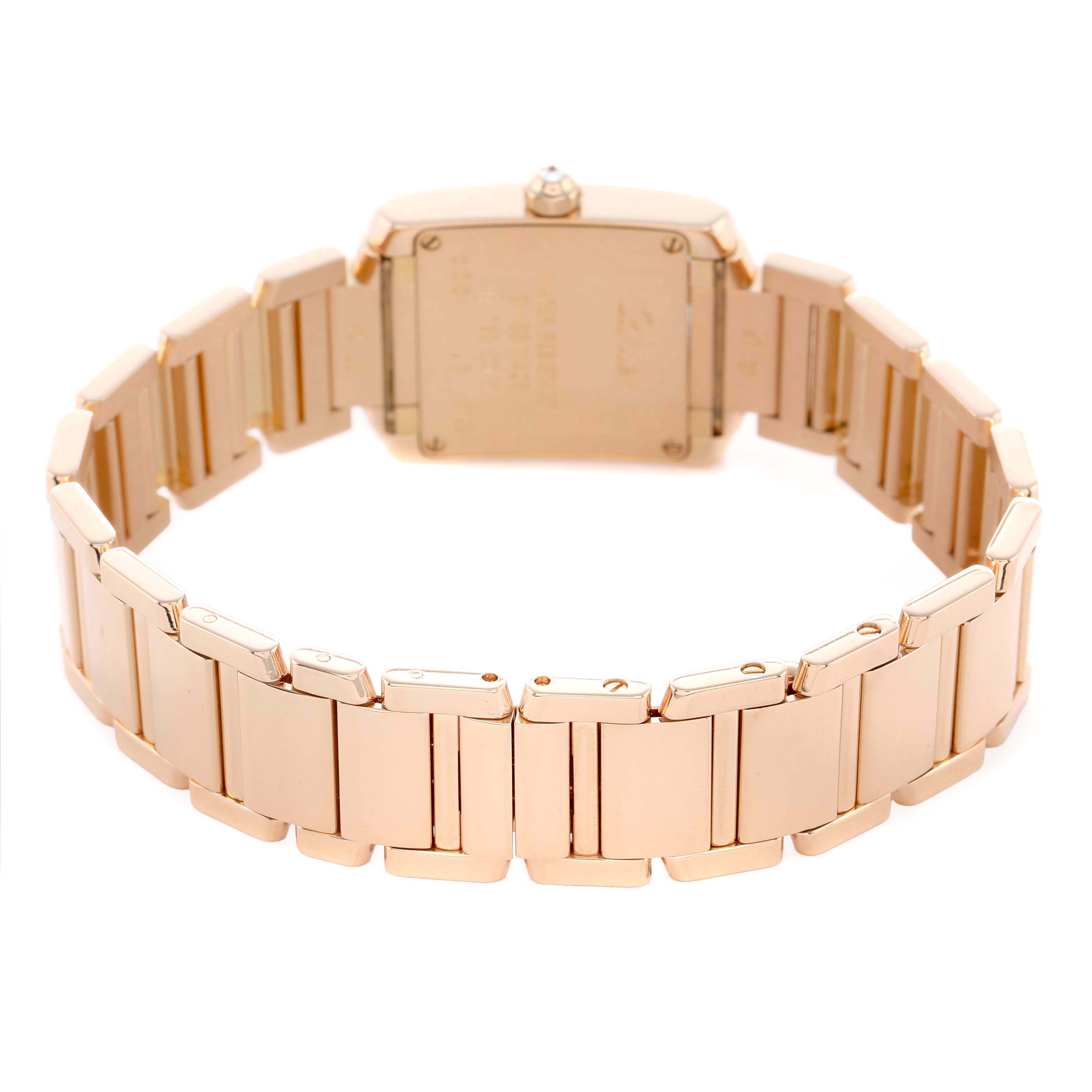 The image shows the back view of the Cartier Tank Francaise WE10456H Women's Rose Gold Silver Dial watch, highlighting its bracelet and clasp.