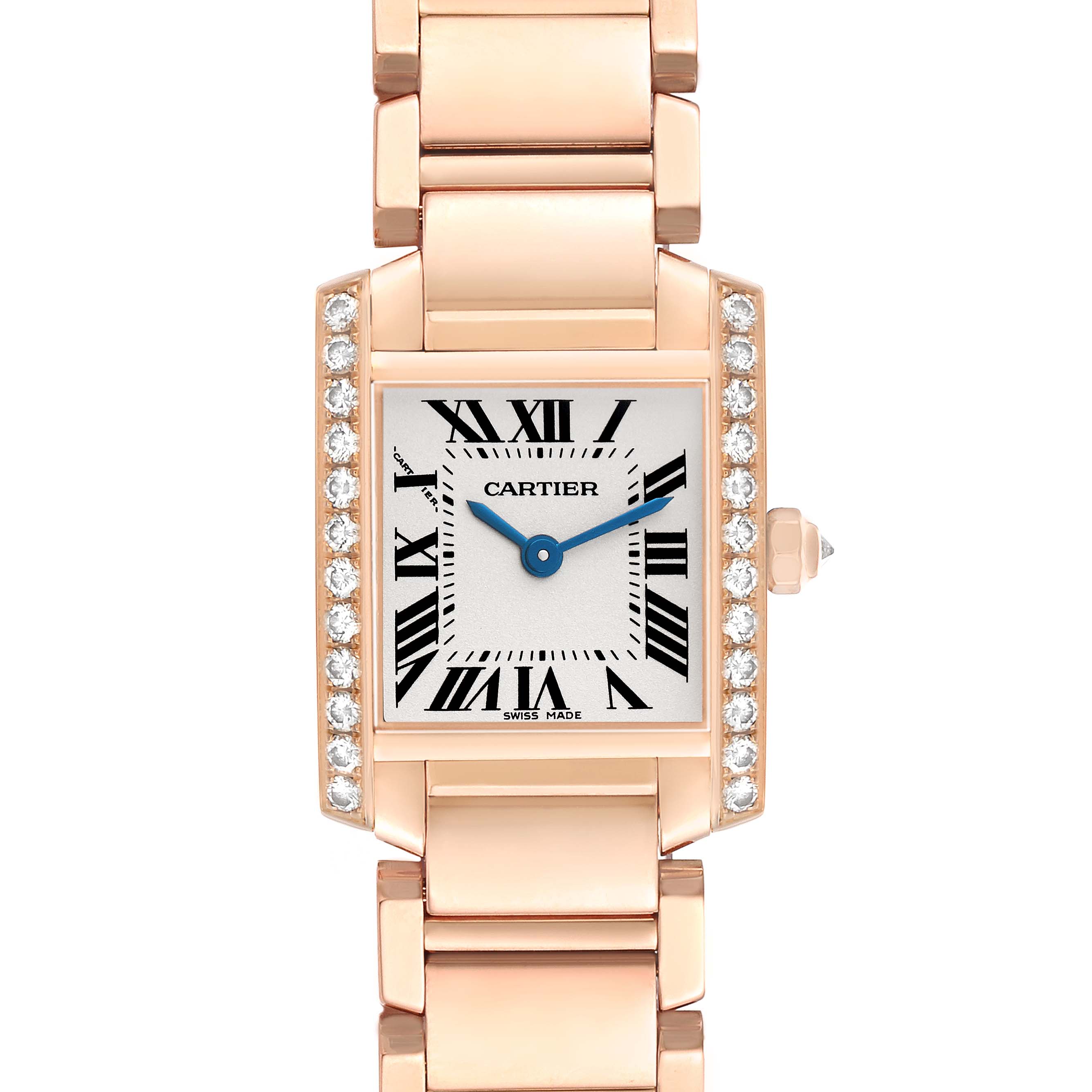 The Cartier Tank Francaise WE10456H Women's Rose Gold Silver Dial watch is shown from the front, displaying the face, bezel, and bracelet links.