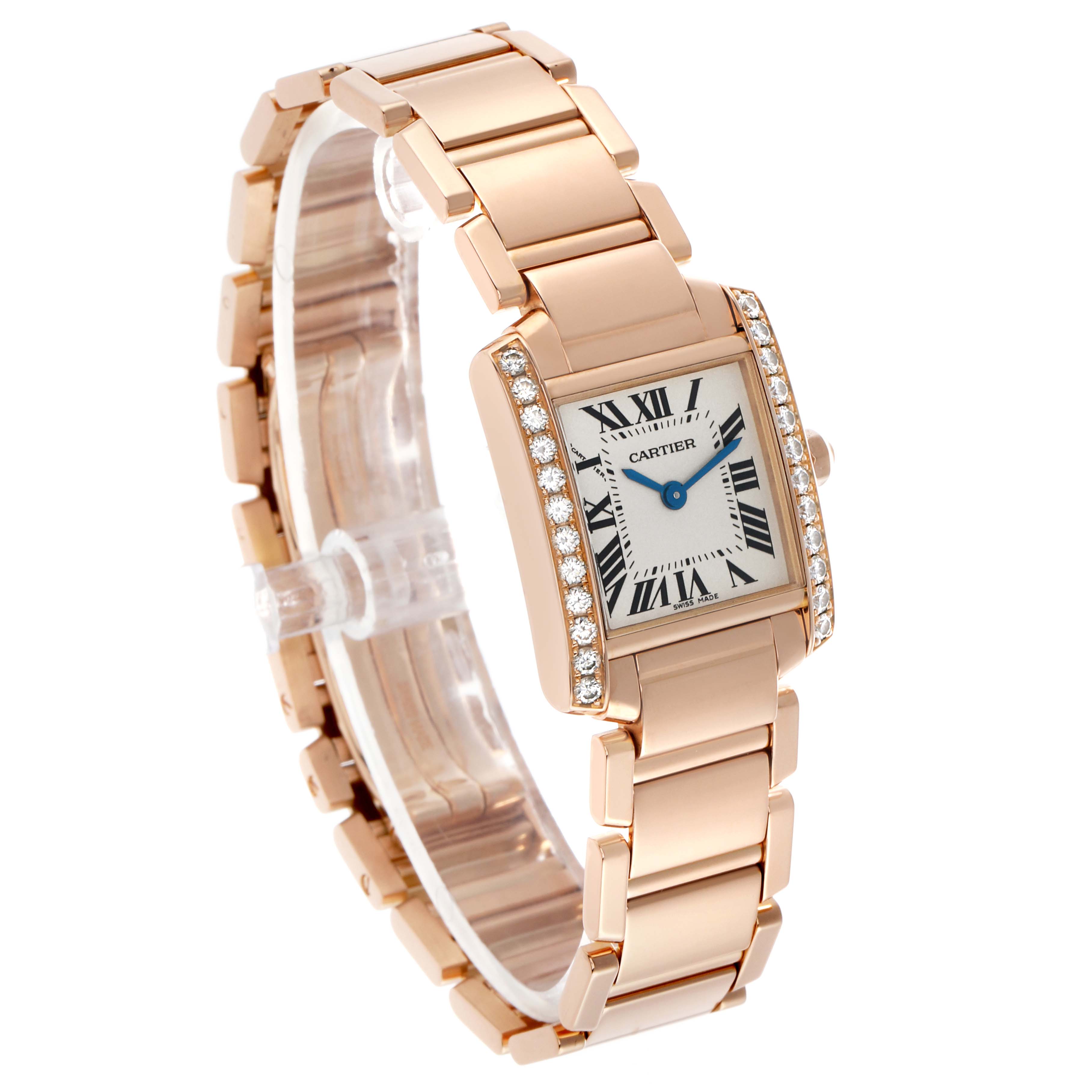 The Cartier Tank Francaise WE10456H Women's Rose Gold Silver Dial watch is shown at a slight angle, displaying its rectangular face, bracelet, and diamond accents.