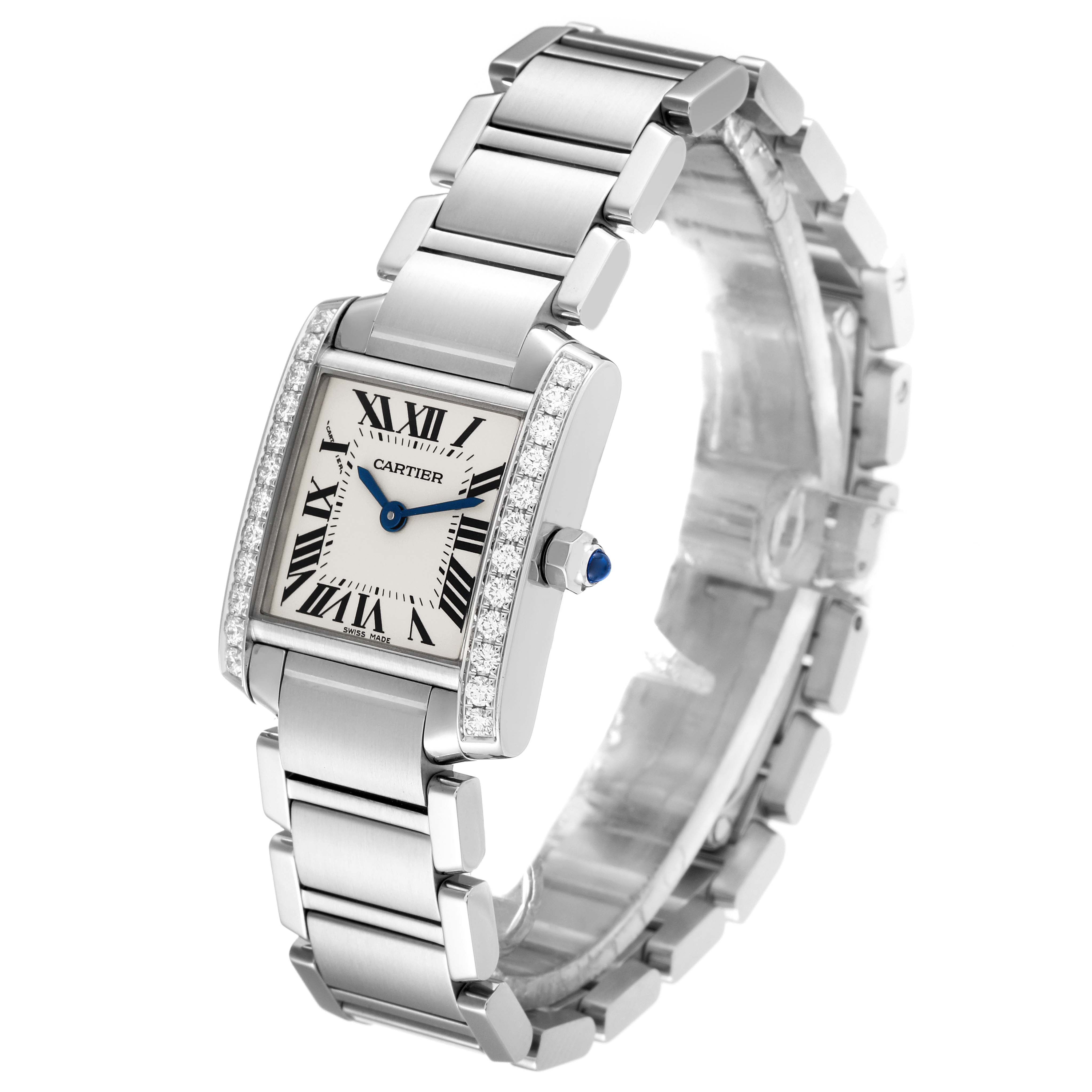 The image shows a Cartier Tank Francaise W4TA0008 Women's Stainless Steel Silver Dial W4TA0008 Women's Stainless Steel Silver Dial watch angled from the front-right side, revealing its face, bezel, and bracelet.