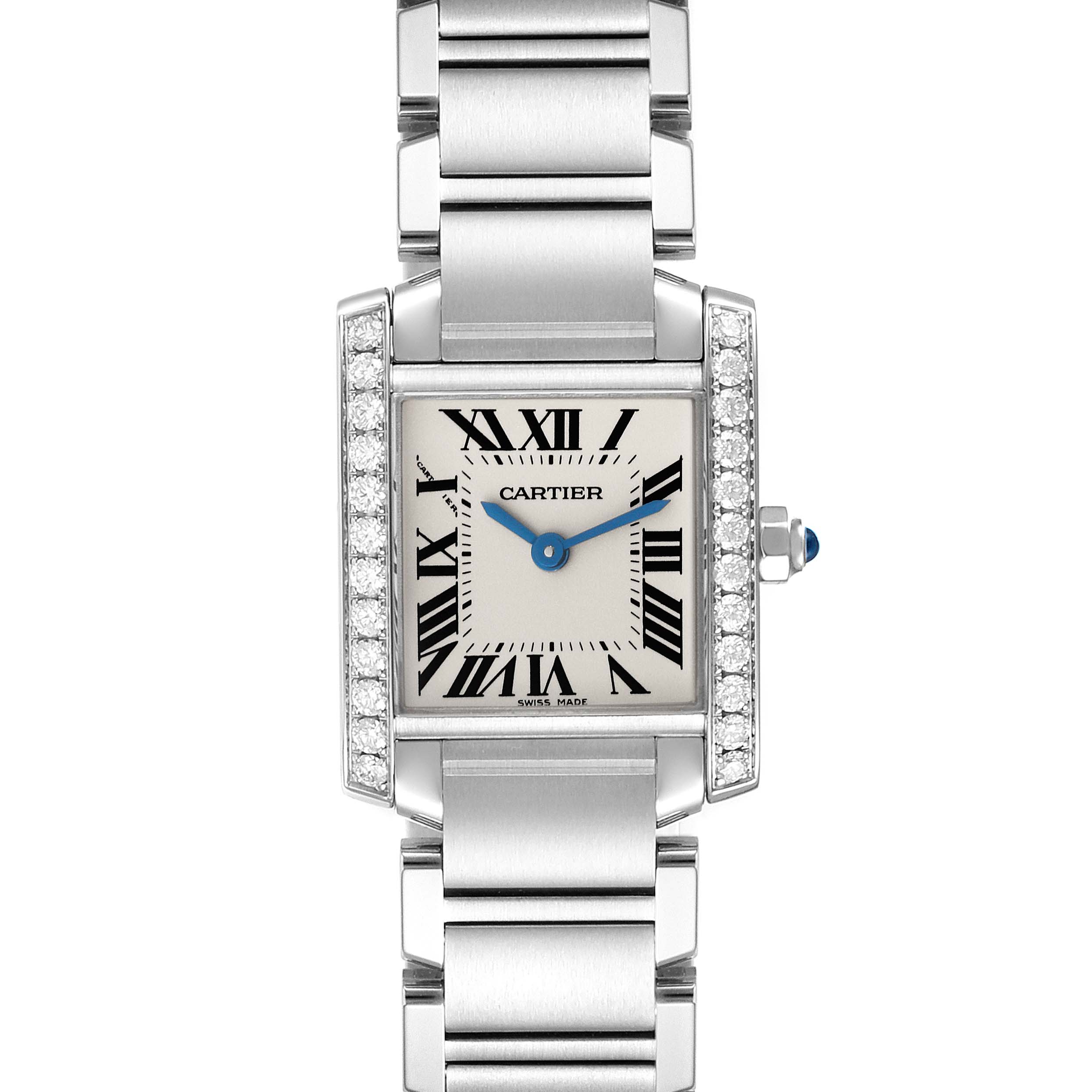 The image shows a Cartier Tank Francaise W4TA0008 Women's Stainless Steel Silver Dial W4TA0008 Women's Stainless Steel Silver Dial watch from a front angle, displaying its face, bracelet, and crown.