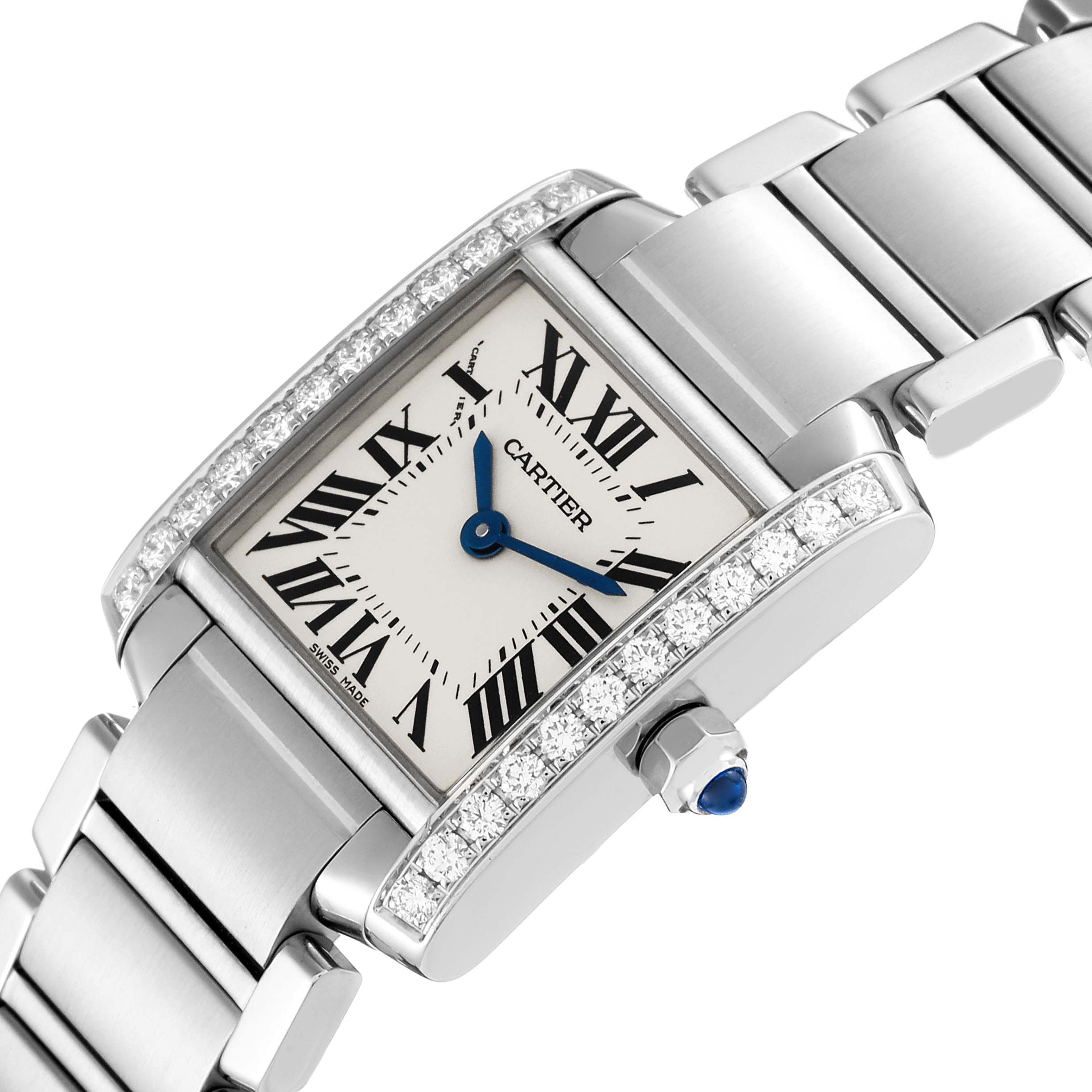 The image shows a close-up angle of a Cartier Tank Francaise W4TA0008 Women's Stainless Steel Silver Dial W4TA0008 Women's Stainless Steel Silver Dial watch, highlighting its face, bracelet, and diamond-set bezel.