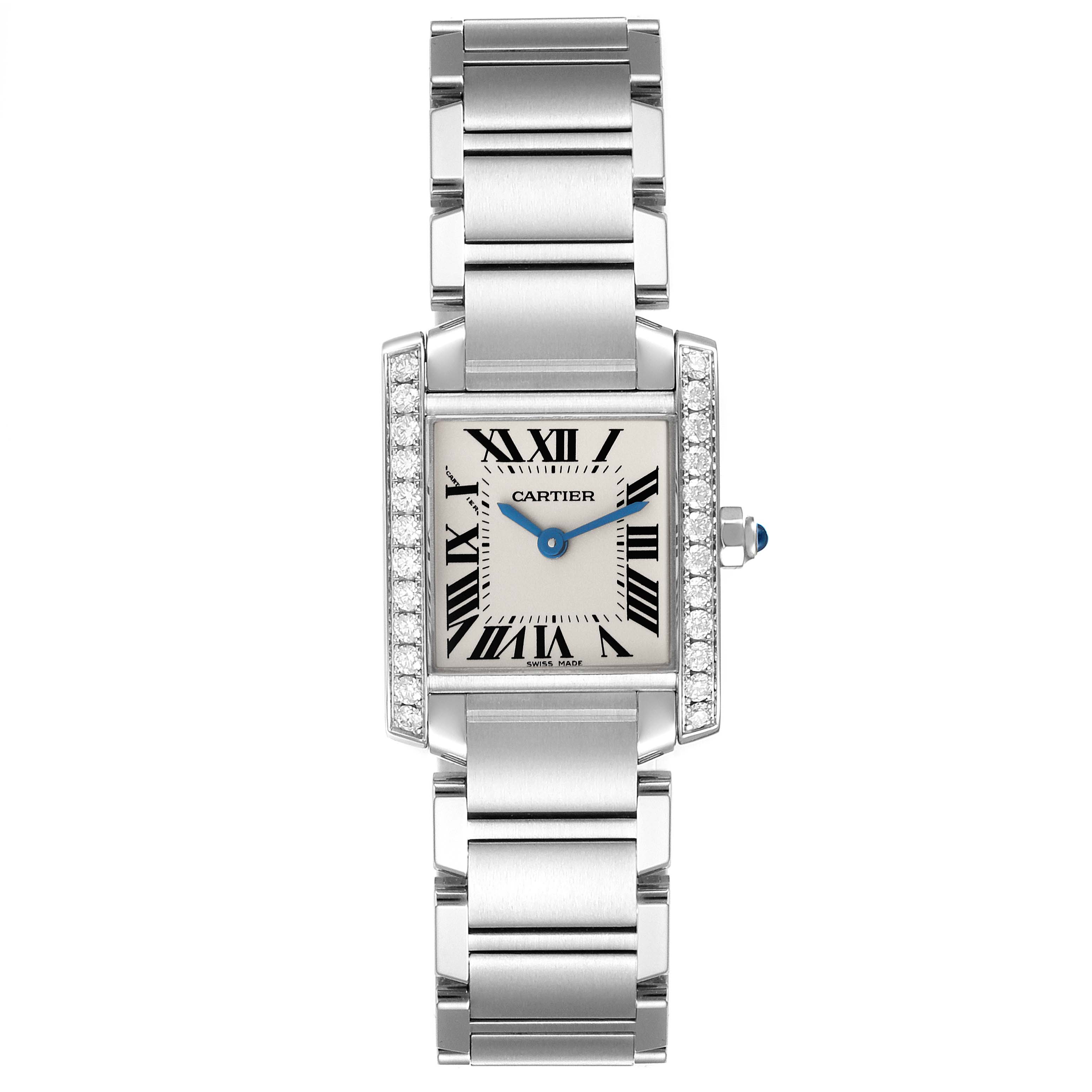 This image shows a front view of a Cartier Tank Francaise W4TA0008 Women's Stainless Steel Silver Dial W4TA0008 Women's Stainless Steel Silver Dial watch, highlighting its rectangular face, Roman numerals, and metallic strap.