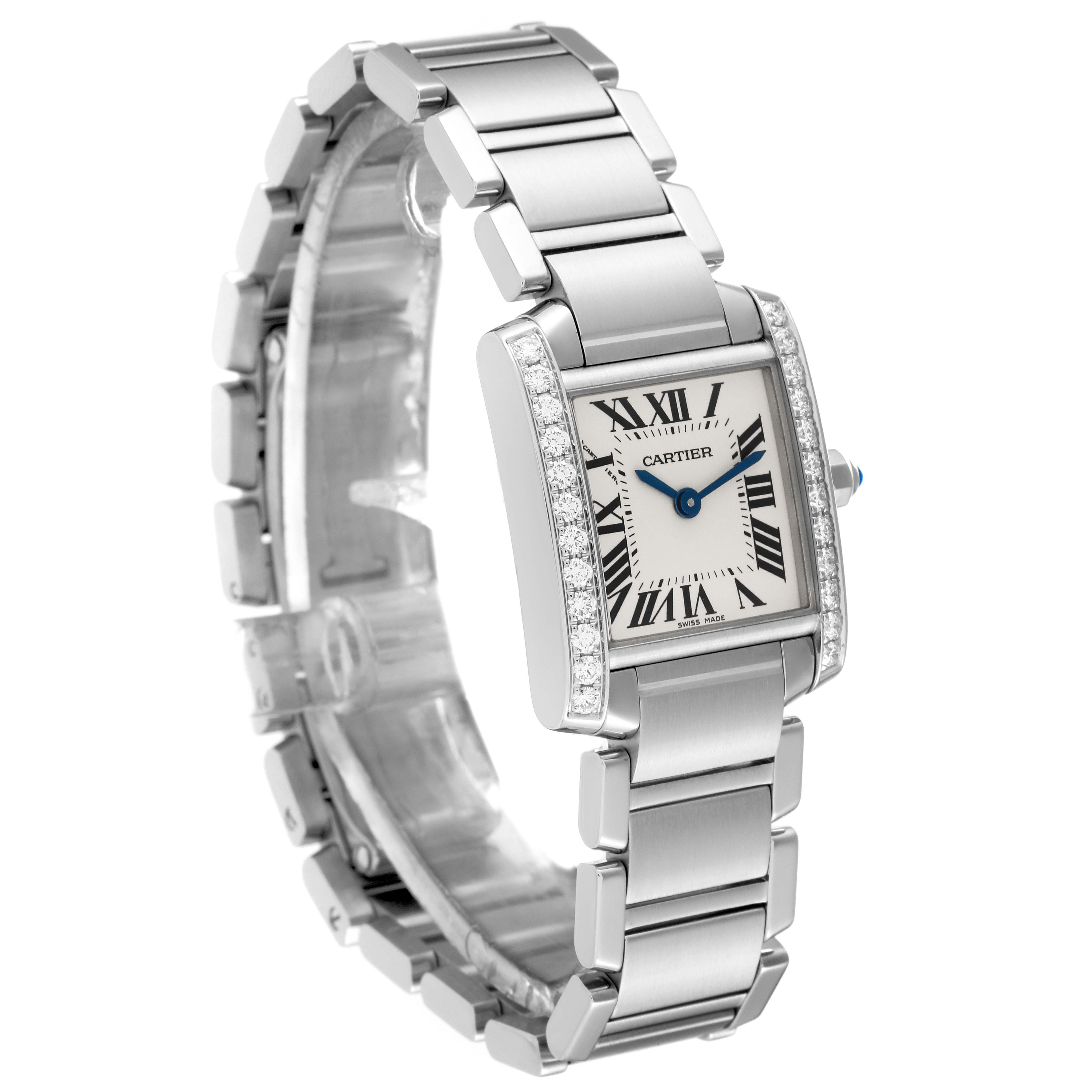 The Cartier Tank Française watch is shown at an angle displaying the face, bracelet, and side crown.