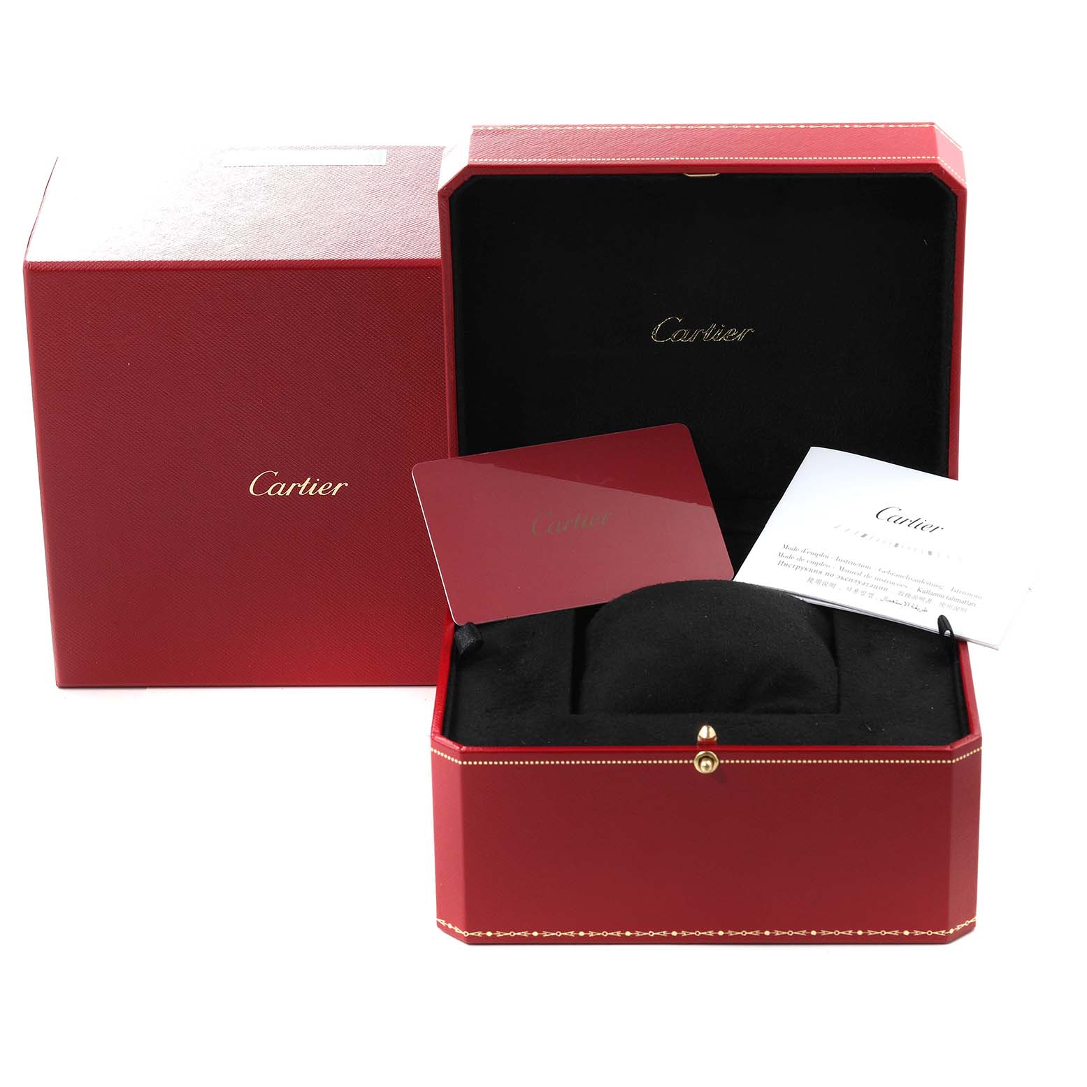 The image shows the packaging and accessories for the Cartier Tank Française watch, including a red box and documentation.