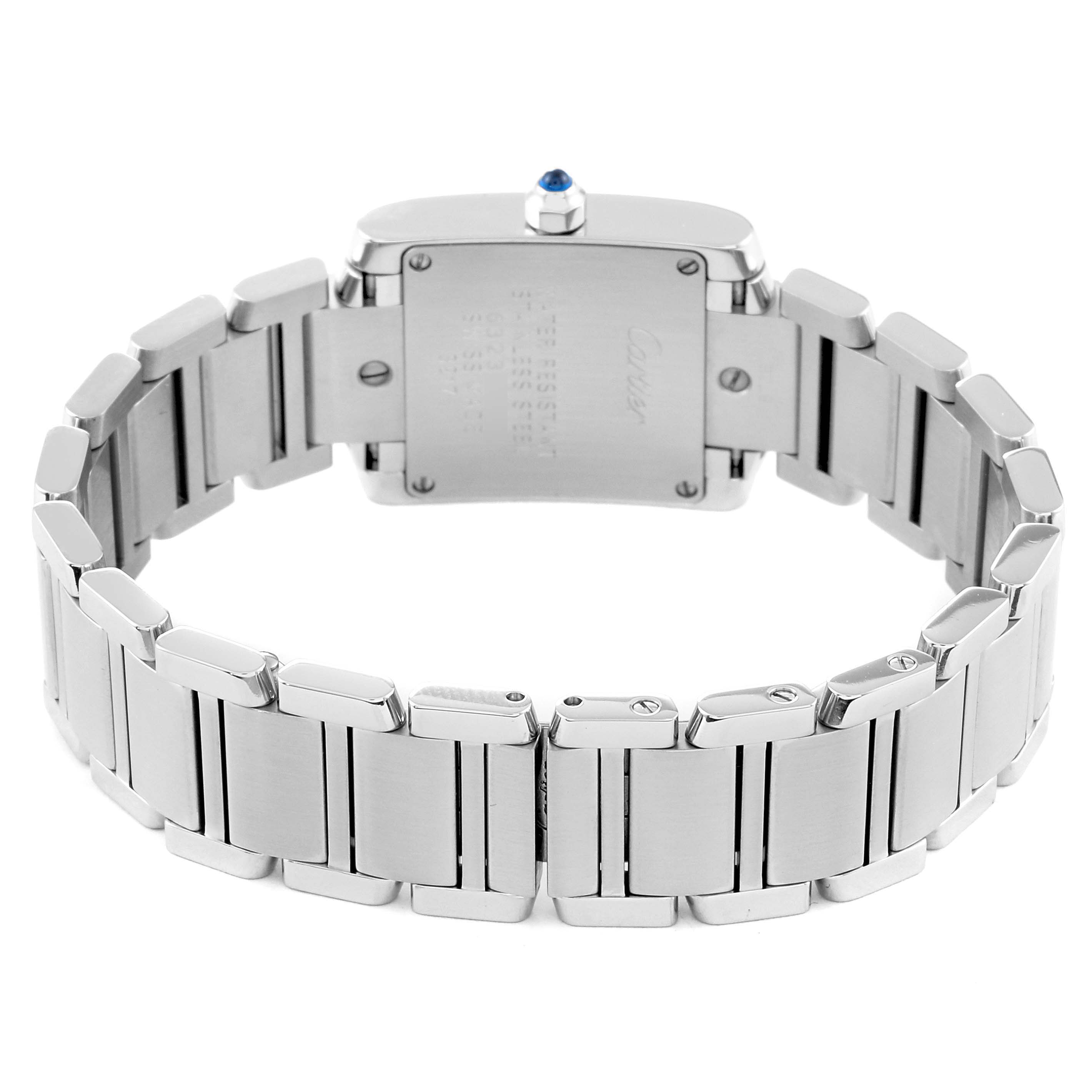 The image shows the back and part of the bracelet of a Cartier Tank Francaise W4TA0008 Women's Stainless Steel Silver Dial W4TA0008 Women's Stainless Steel Silver Dial watch.
