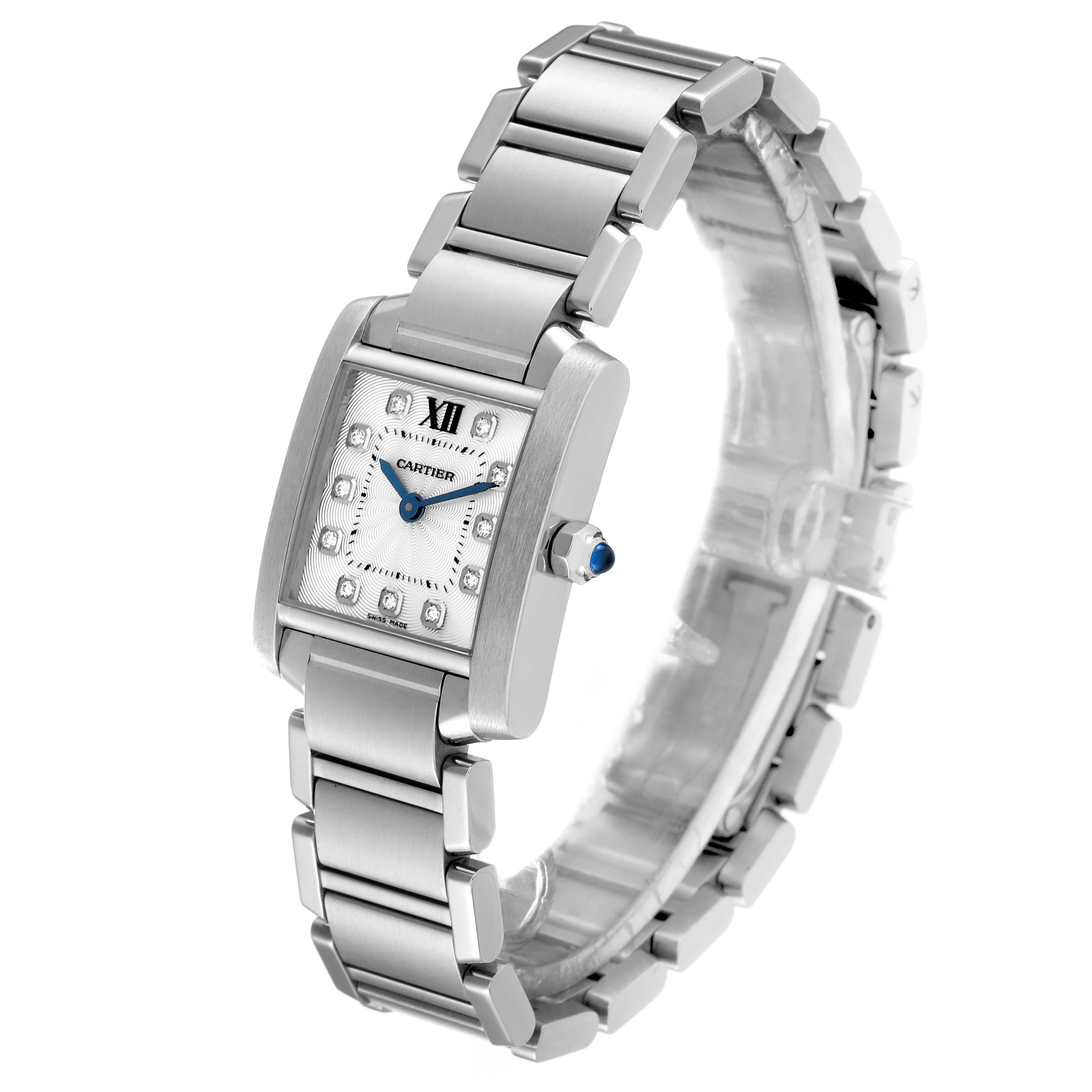 The angled view shows the Cartier Tank Francaise WE110006 Women's Stainless Steel Silver Dial WE110006 Women's Stainless Steel Silver Dial watch's face, case, crown, and bracelet.