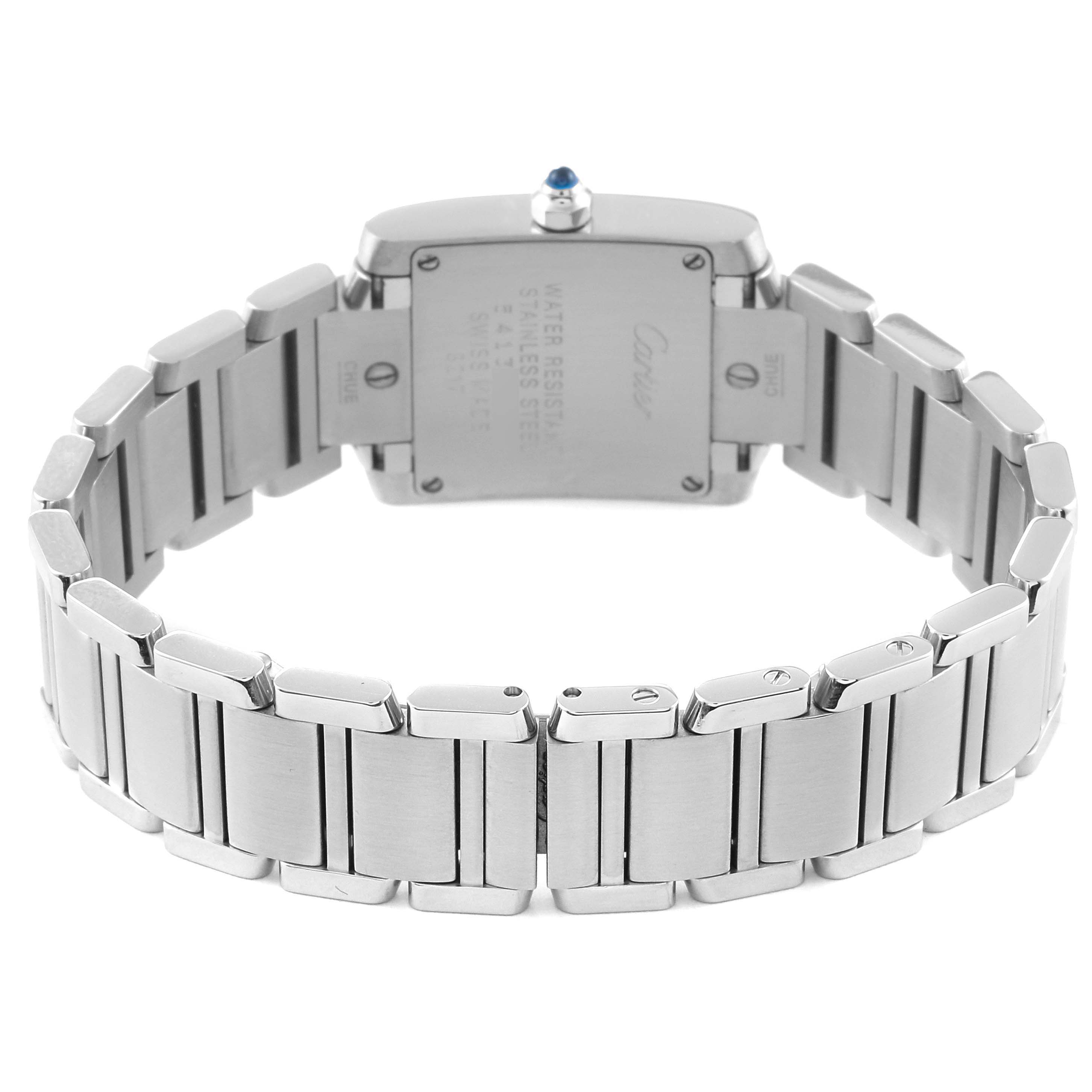 This image shows the back of a Cartier Tank Française watch, highlighting the bracelet and case back.