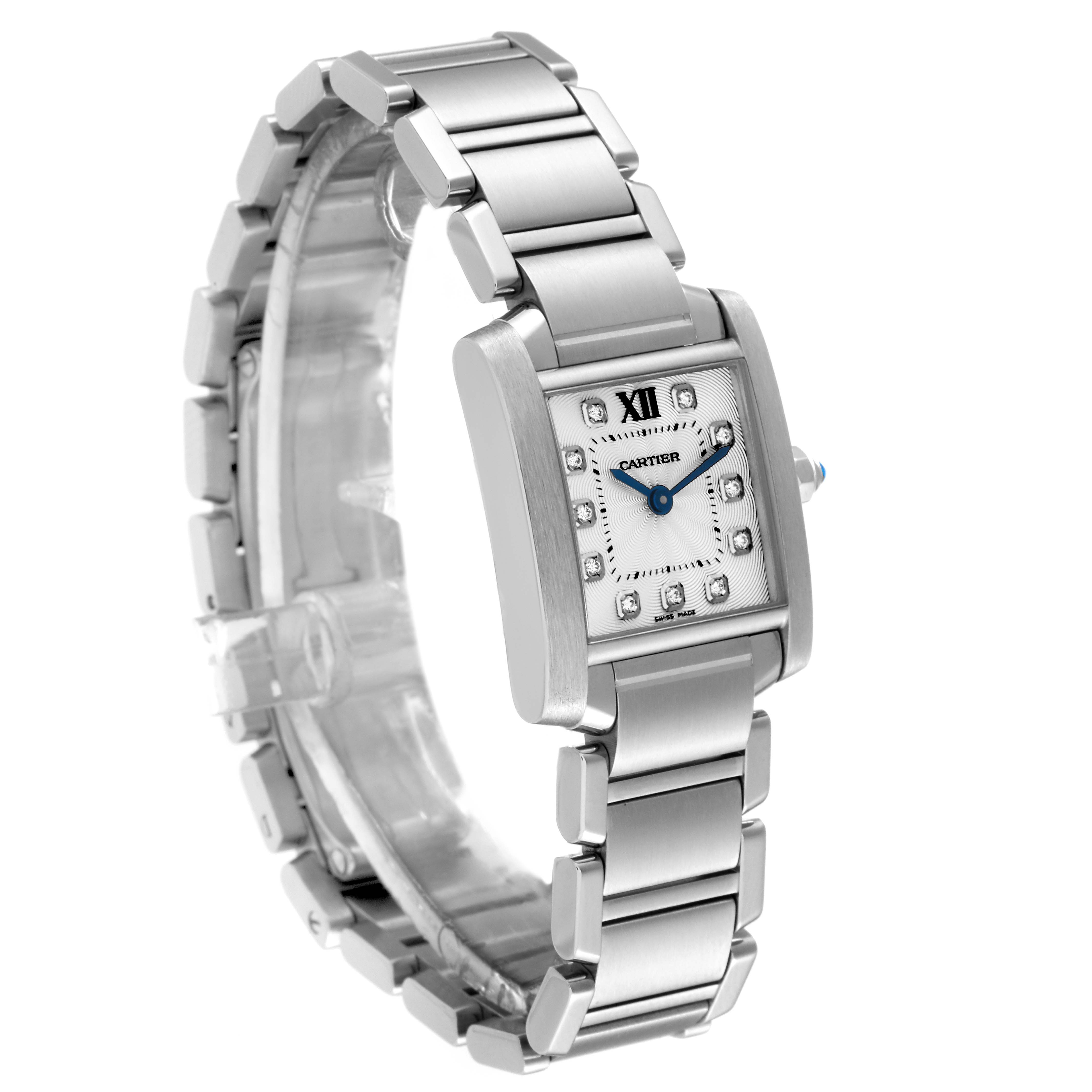 The image shows a side and front angle of a Cartier Tank Francaise WE110006 Women's Stainless Steel Silver Dial WE110006 Women's Stainless Steel Silver Dial watch, featuring its silver bracelet and rectangular face.