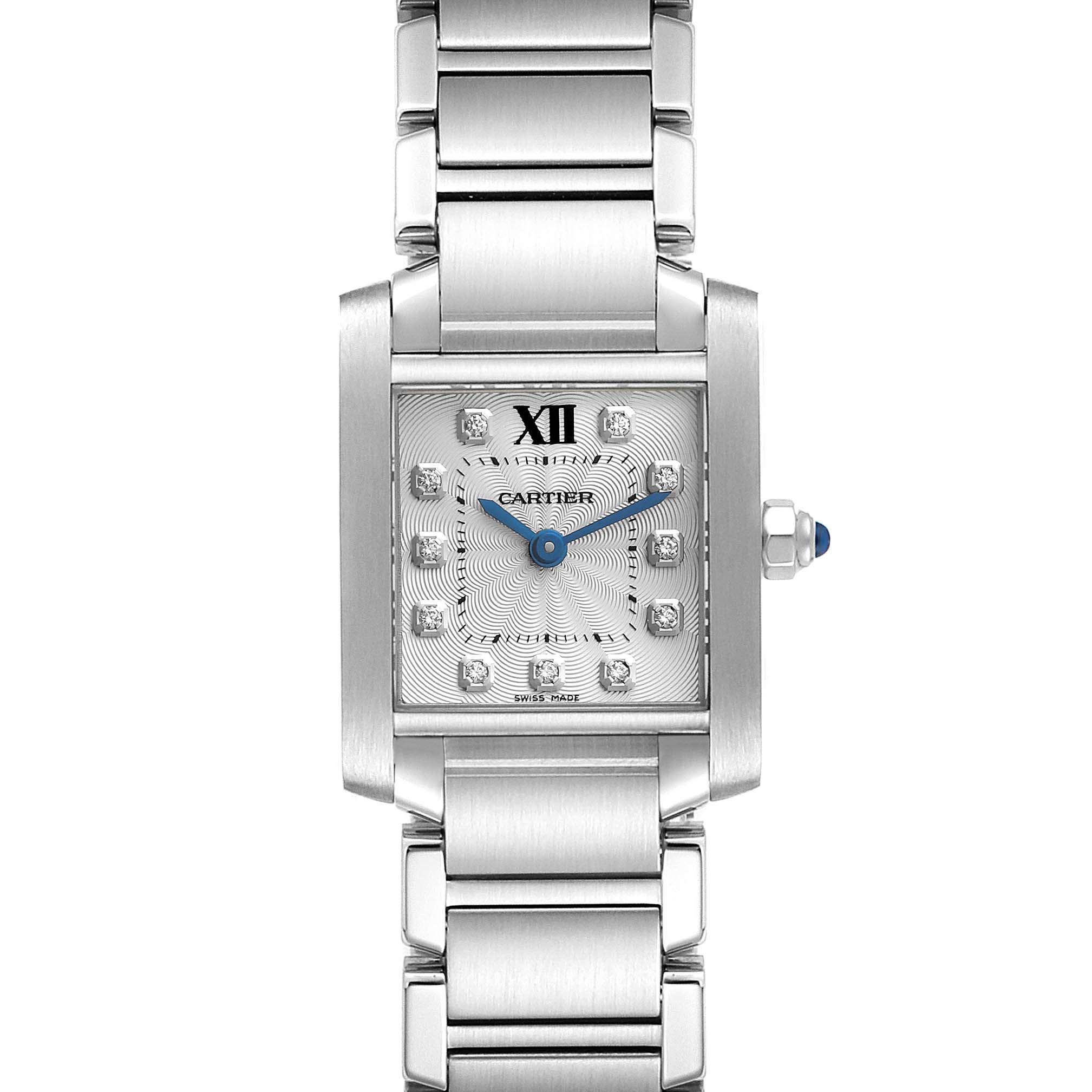 The image shows a front view of the Cartier Tank Francaise WE110006 Women's Stainless Steel Silver Dial WE110006 Women's Stainless Steel Silver Dial watch, highlighting its face, bracelet, and crown with a blue cabochon.
