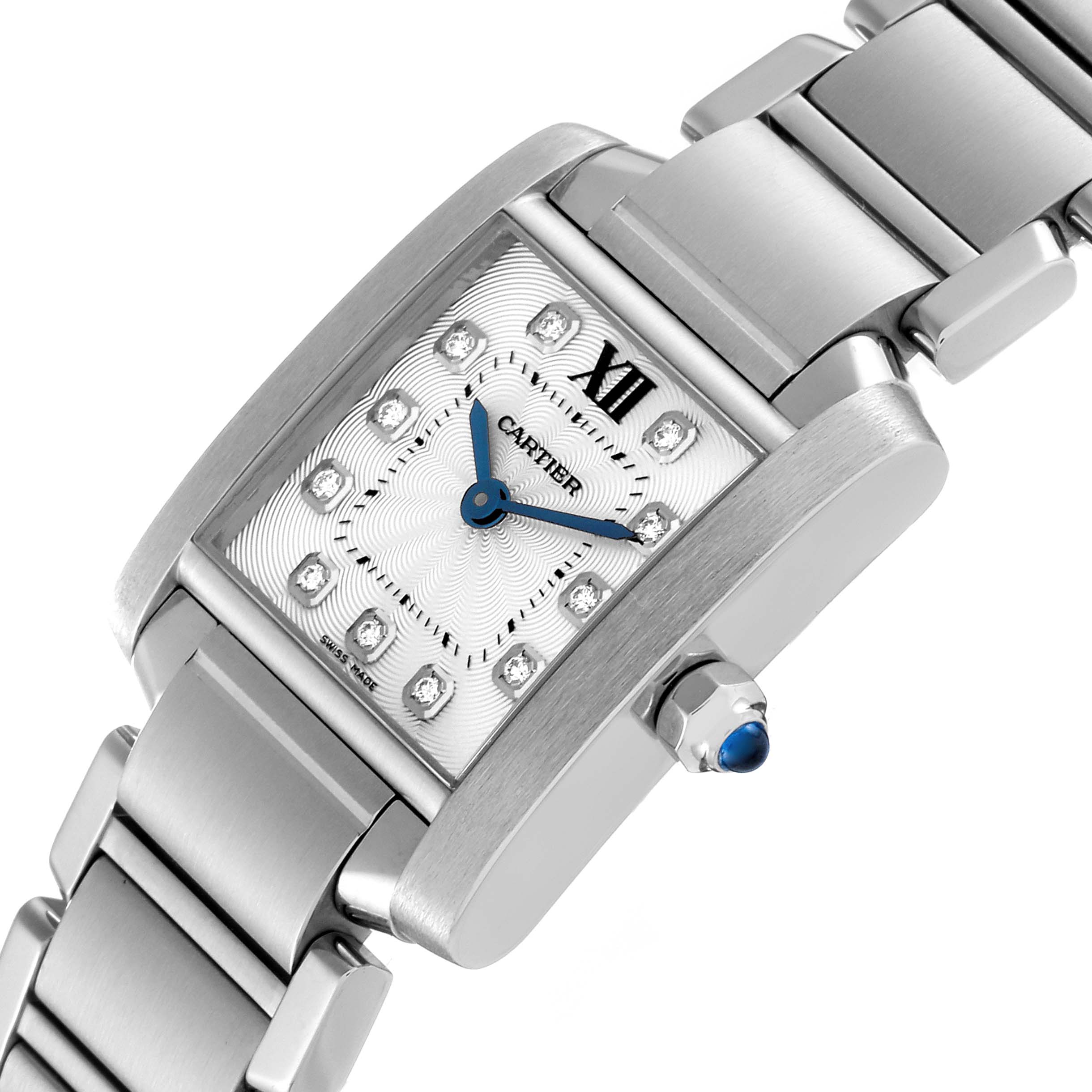The Cartier Tank Francaise WE110006 Women's Stainless Steel Silver Dial WE110006 Women's Stainless Steel Silver Dial watch is shown at a slight angle, highlighting its face, crown, and metal bracelet.