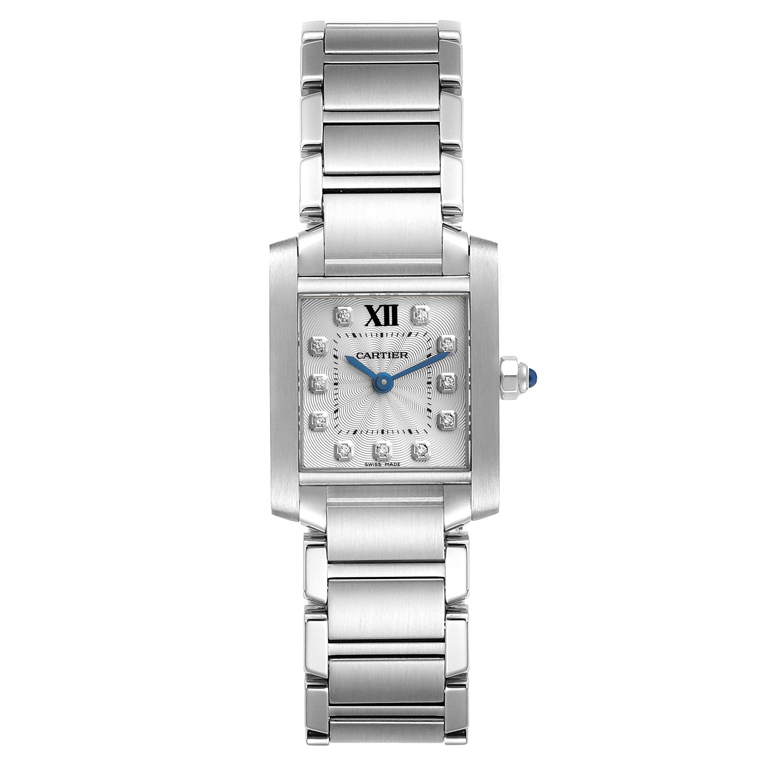 The image shows a front view of the Cartier Tank Francaise WE110006 Women's Stainless Steel Silver Dial WE110006 Women's Stainless Steel Silver Dial watch, highlighting the face and metal bracelet.