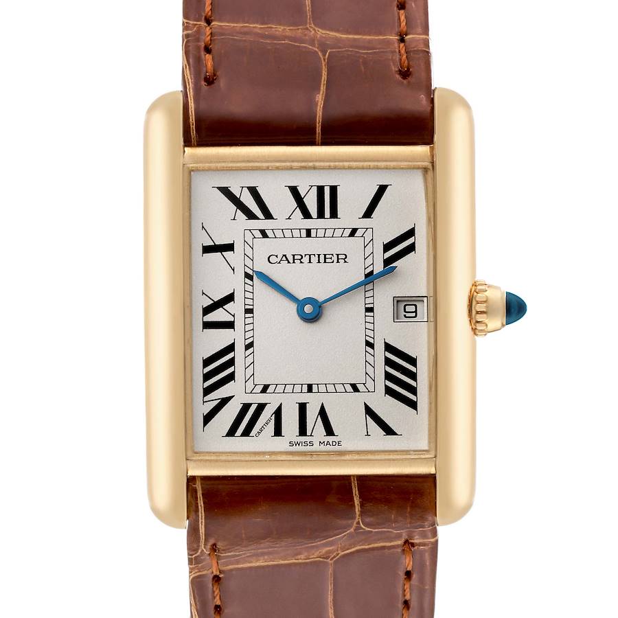 The image shows a Cartier Tank Louis watch from a front angle, highlighting the face, dial, and brown leather strap.