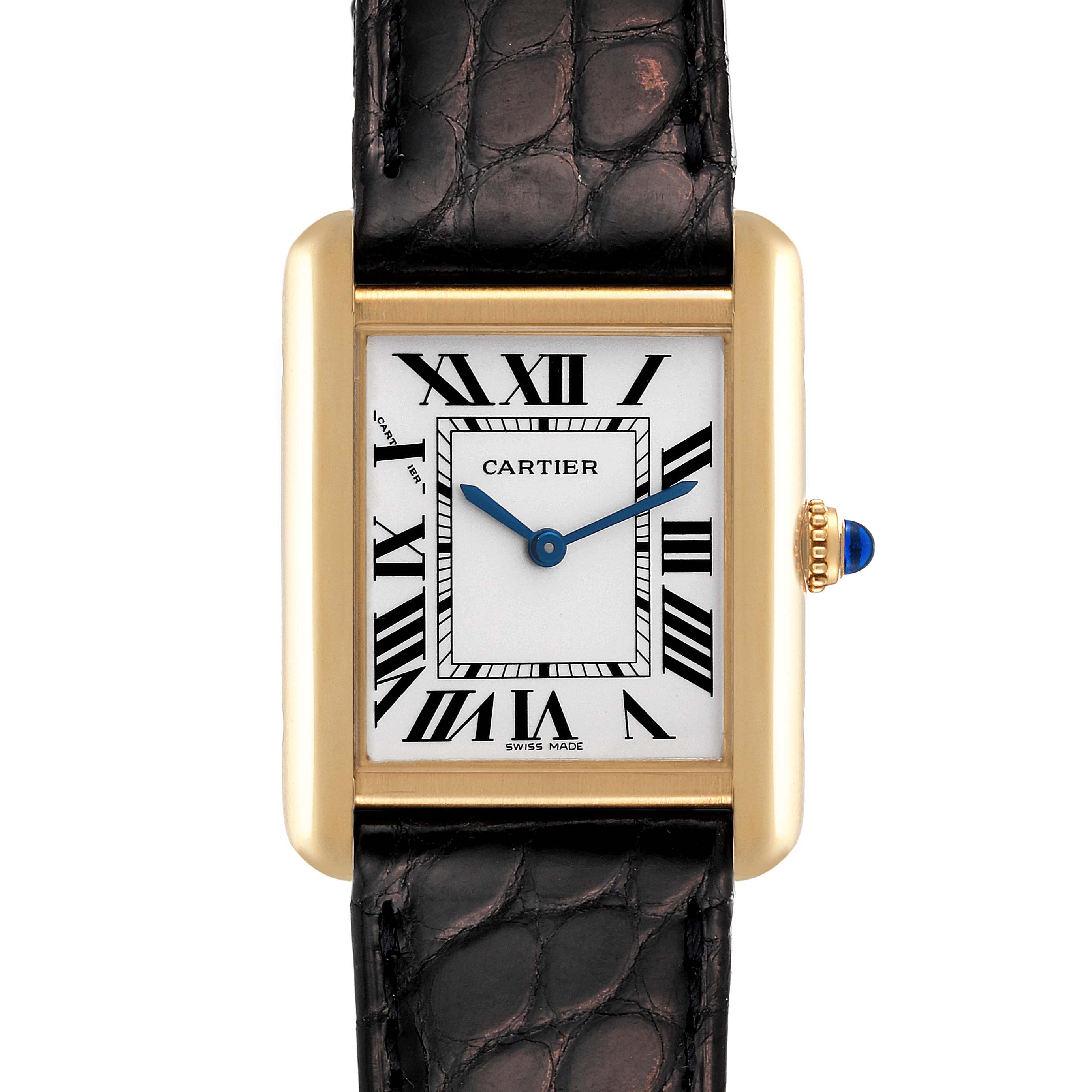 The image shows a Cartier Tank Solo W5200002 Women's Yellow Gold Silver Dial W5200002 Women's Yellow Gold Silver Dial watch front view, highlighting its rectangular face, Roman numerals, and leather strap.