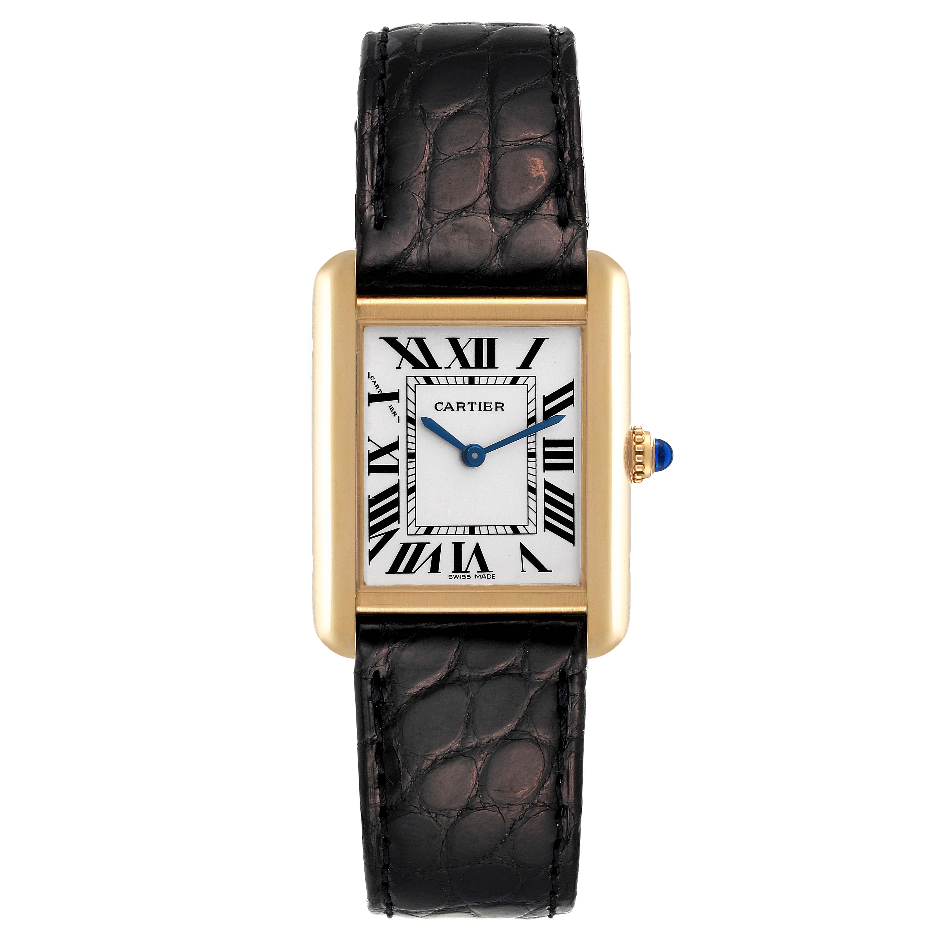 The image shows a Cartier Tank Solo W5200002 Women's Yellow Gold Silver Dial W5200002 Women's Yellow Gold Silver Dial watch from the front, featuring its rectangular dial, Roman numerals, blue hands, and black leather strap.