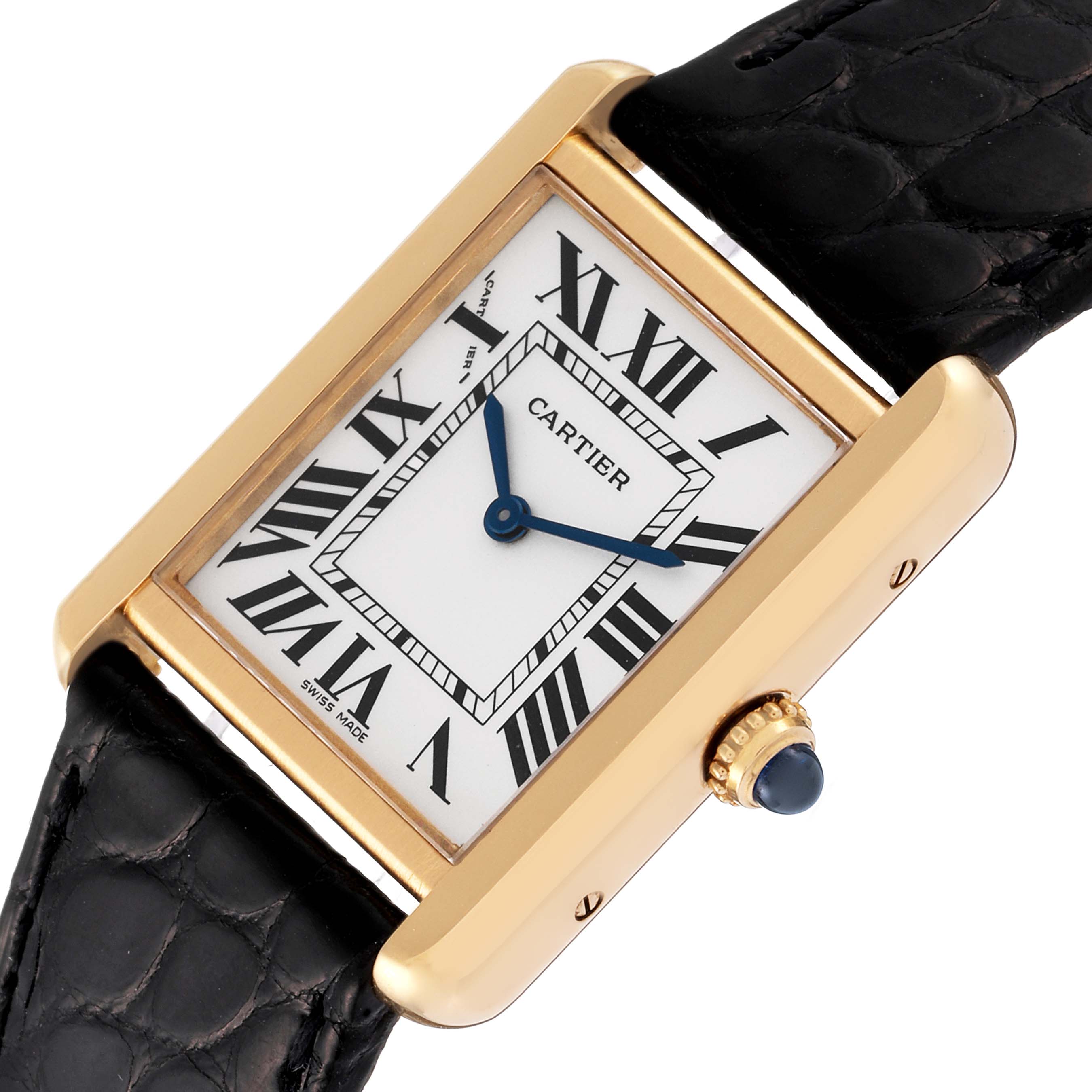 The image shows a Cartier Tank Solo W5200002 Women's Yellow Gold Silver Dial W5200002 Women's Yellow Gold Silver Dial watch at an angled view, highlighting the face, crown, and strap.