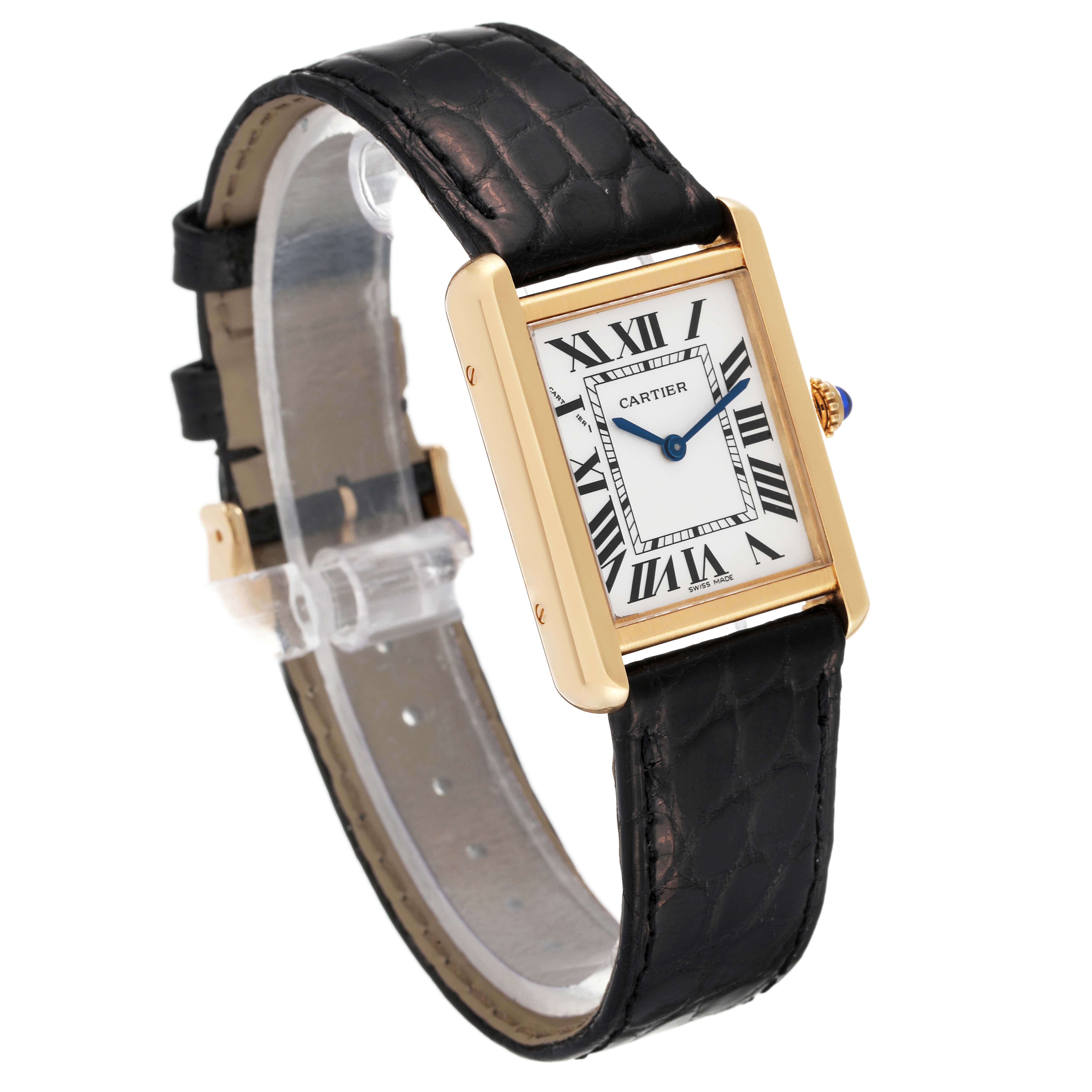 This image shows a Cartier Tank Solo W5200002 Women's Yellow Gold Silver Dial W5200002 Women's Yellow Gold Silver Dial watch at a slight angle, highlighting the face, strap, and rectangular case.