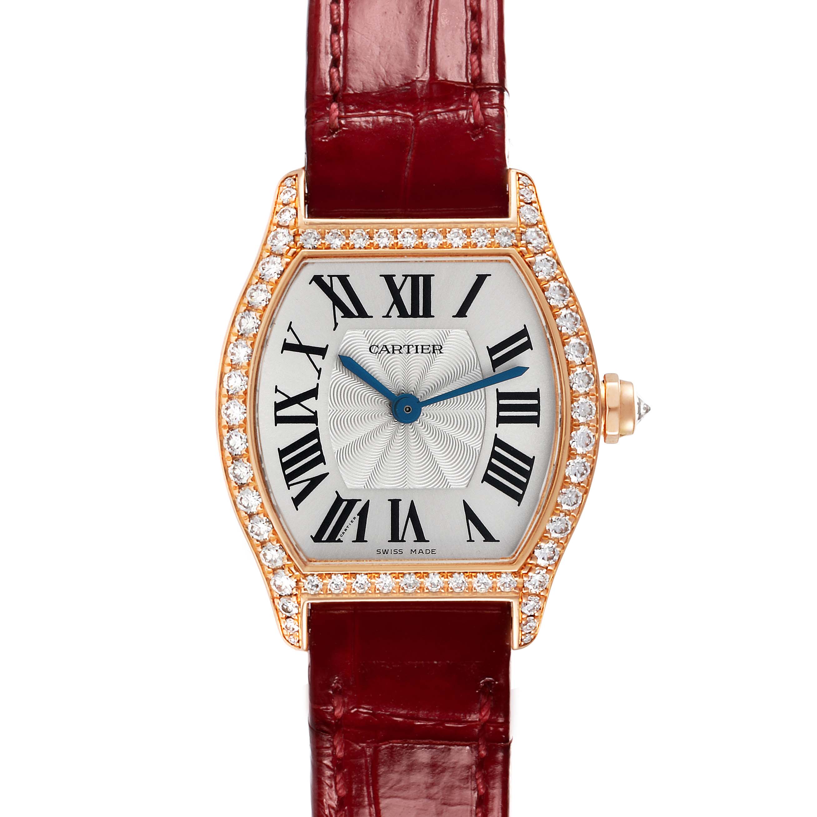 The Cartier Tortue WA501010 Women's Rose Gold Silver Dial watch is shown from the front, displaying its dial, diamond-studded bezel, and brown leather strap.