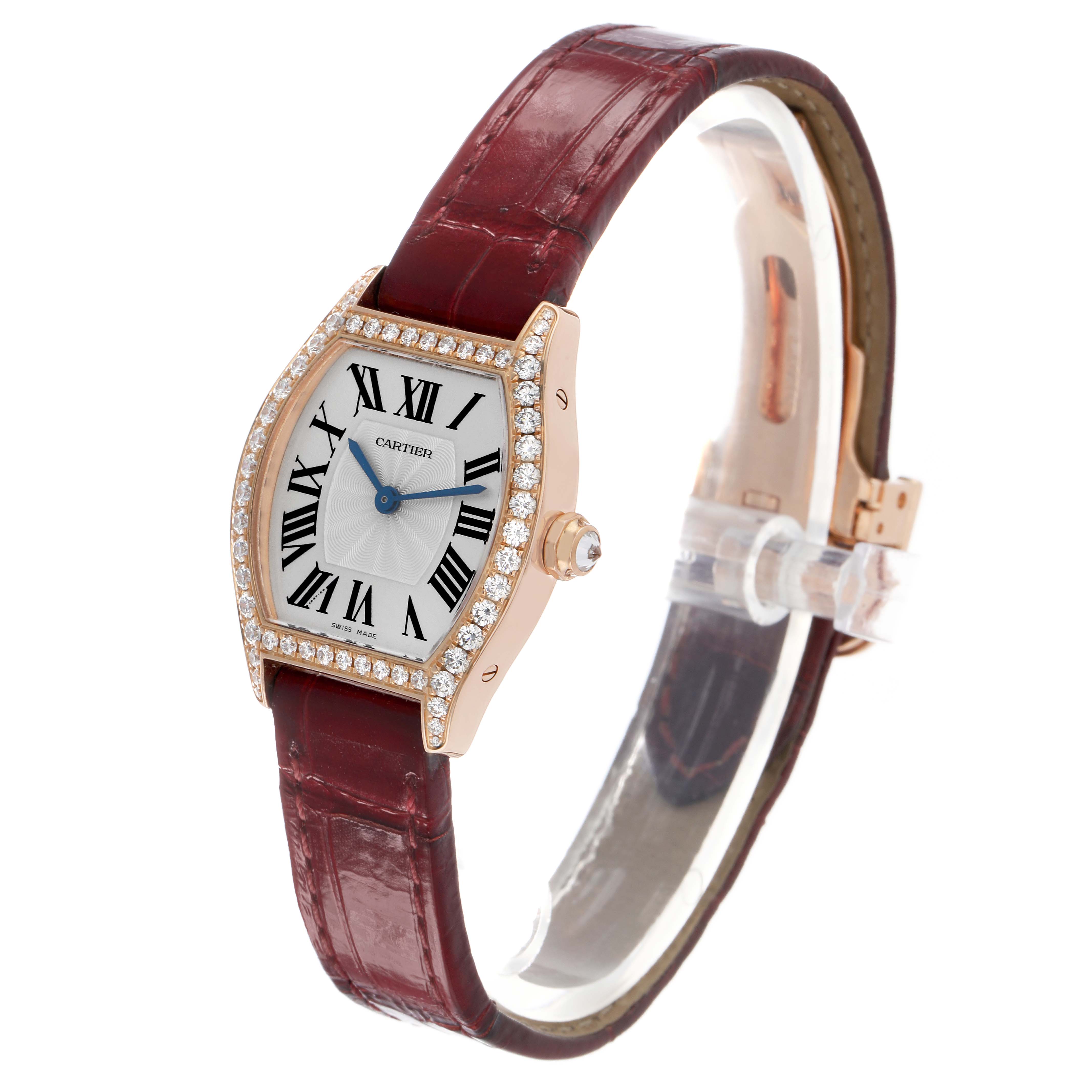 The Cartier Tortue WA501010 Women's Rose Gold Silver Dial watch is shown at a three-quarter angle, displaying the face, bezel, and strap.