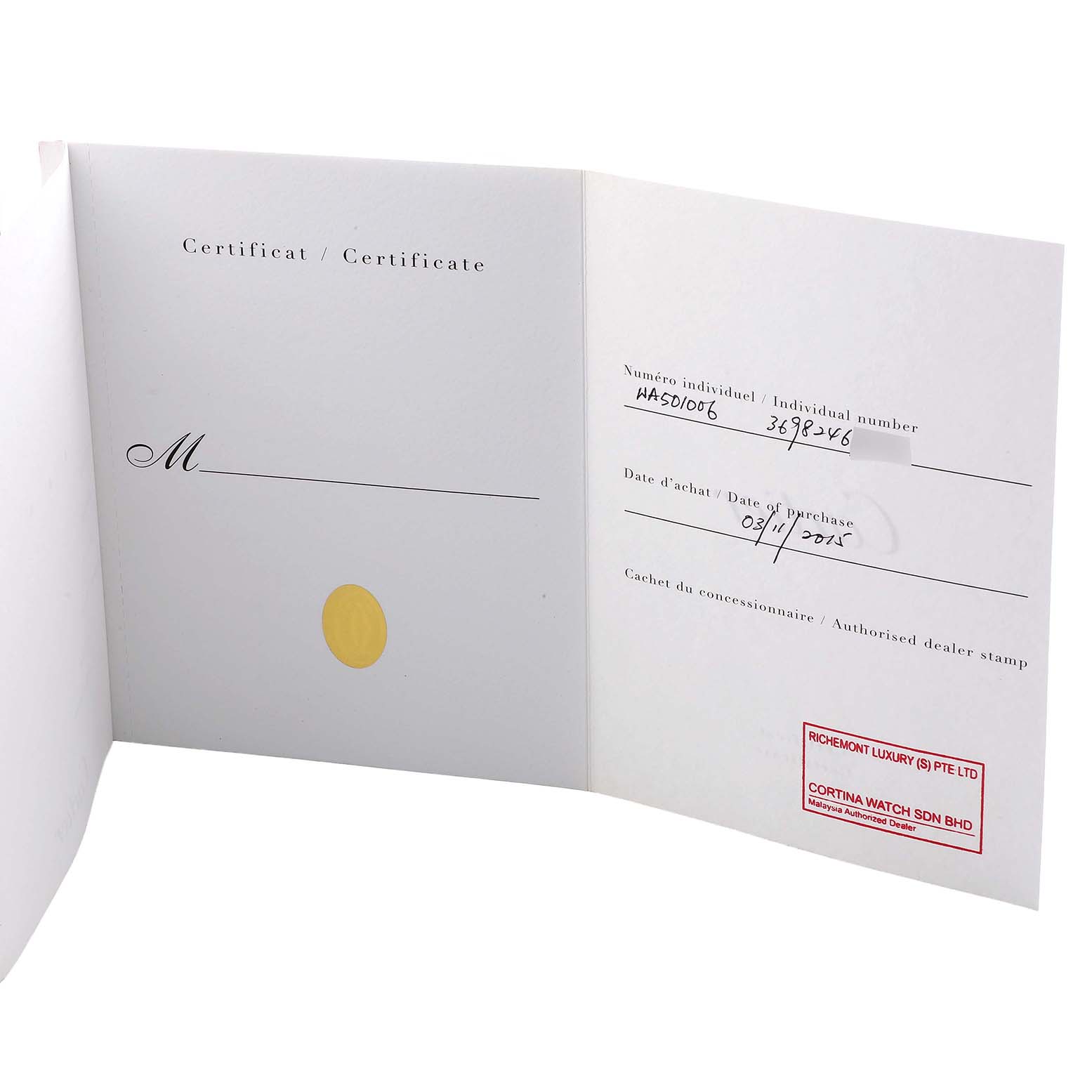 The image shows a certificate or warranty booklet for a Cartier Tortue WA501010 Women's Rose Gold Silver Dial watch, featuring individual and purchase details.