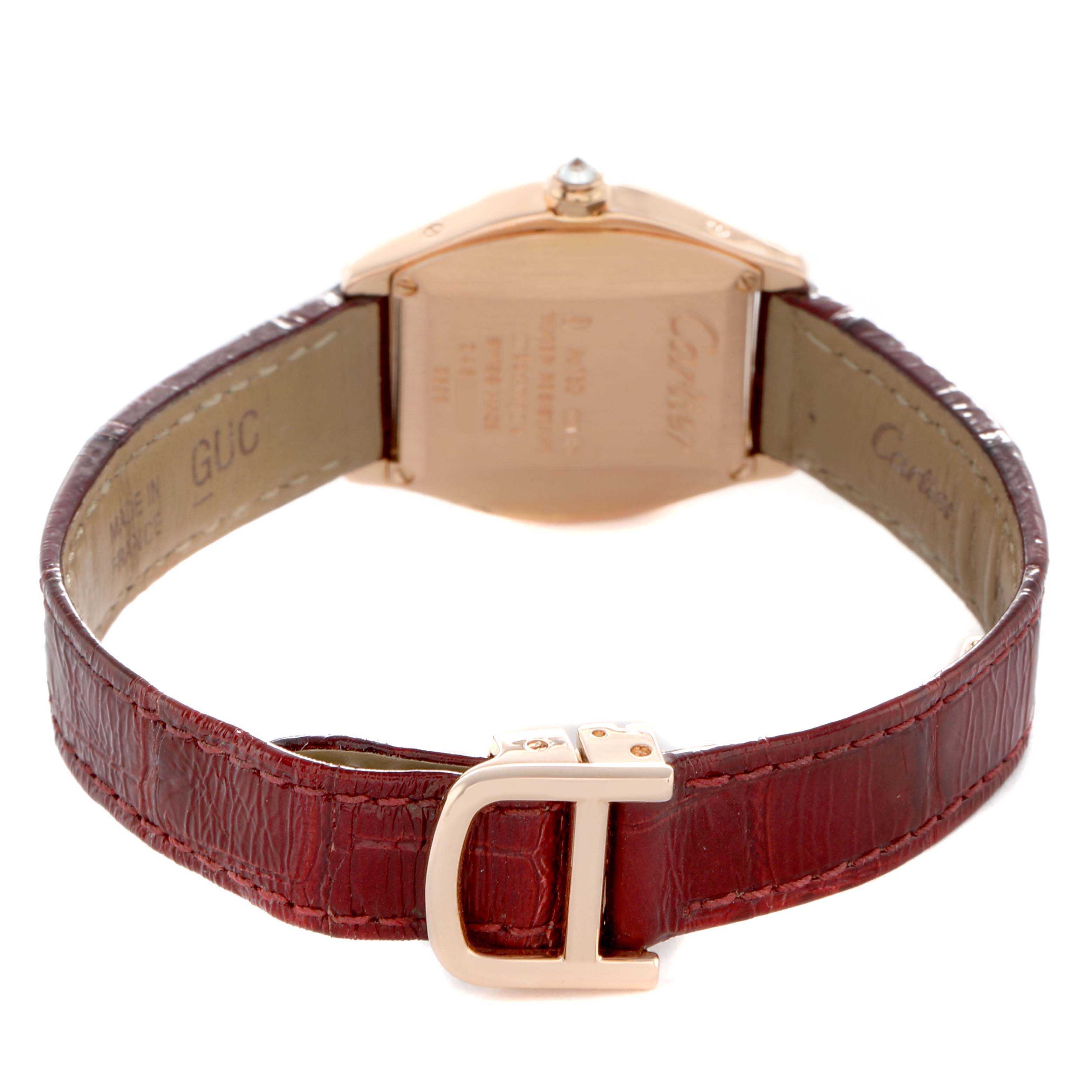 The image shows the back of the Cartier Tortue WA501010 Women's Rose Gold Silver Dial watch, highlighting the leather strap and clasp.