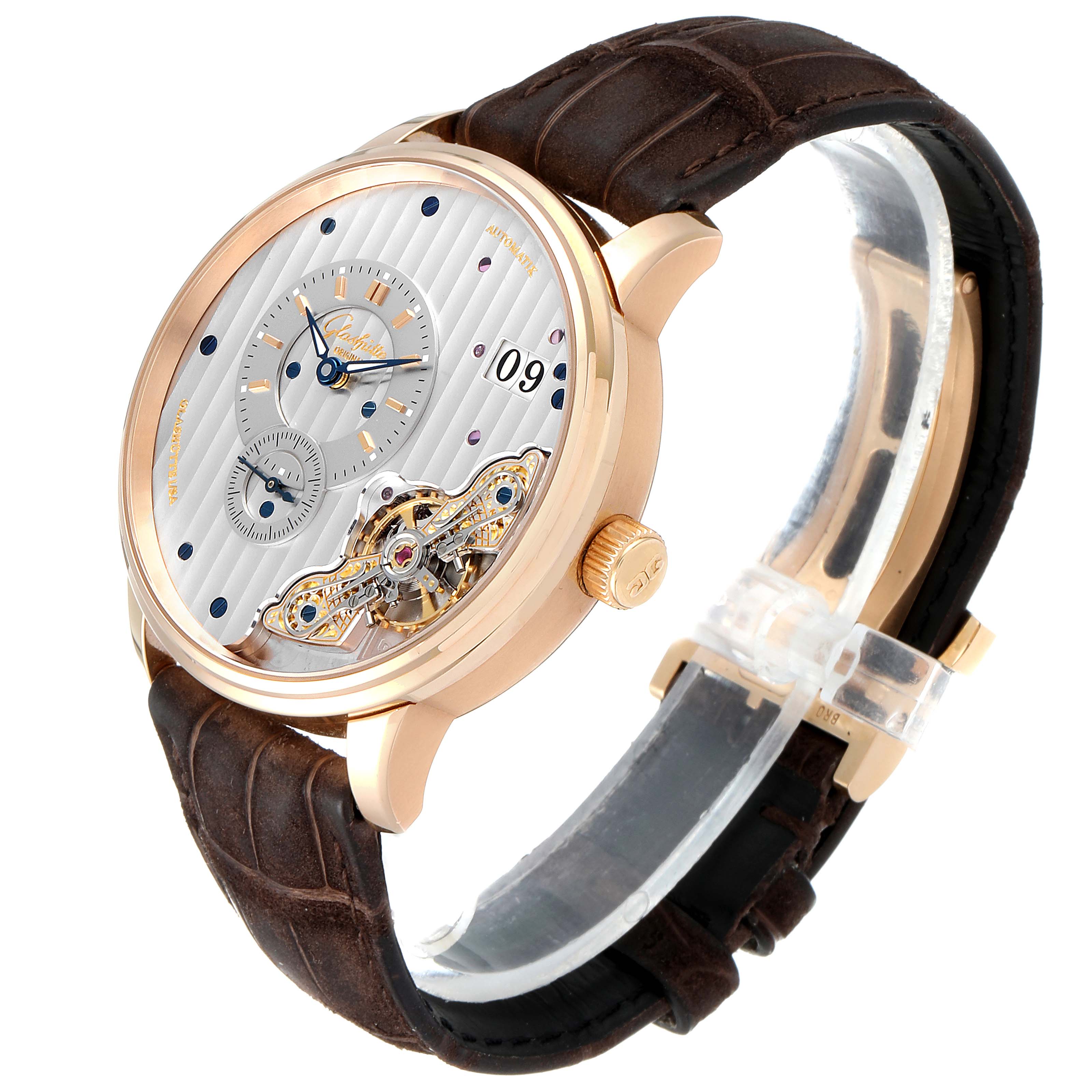 The image shows a Glashutte Original 1-91-02-01-05-30 Men's Rose Gold Grey Dial 1-91-02-01-05-30 Men's Rose Gold Grey Dial model watch at a slight angle, highlighting the dial, crown, and brown leather strap.