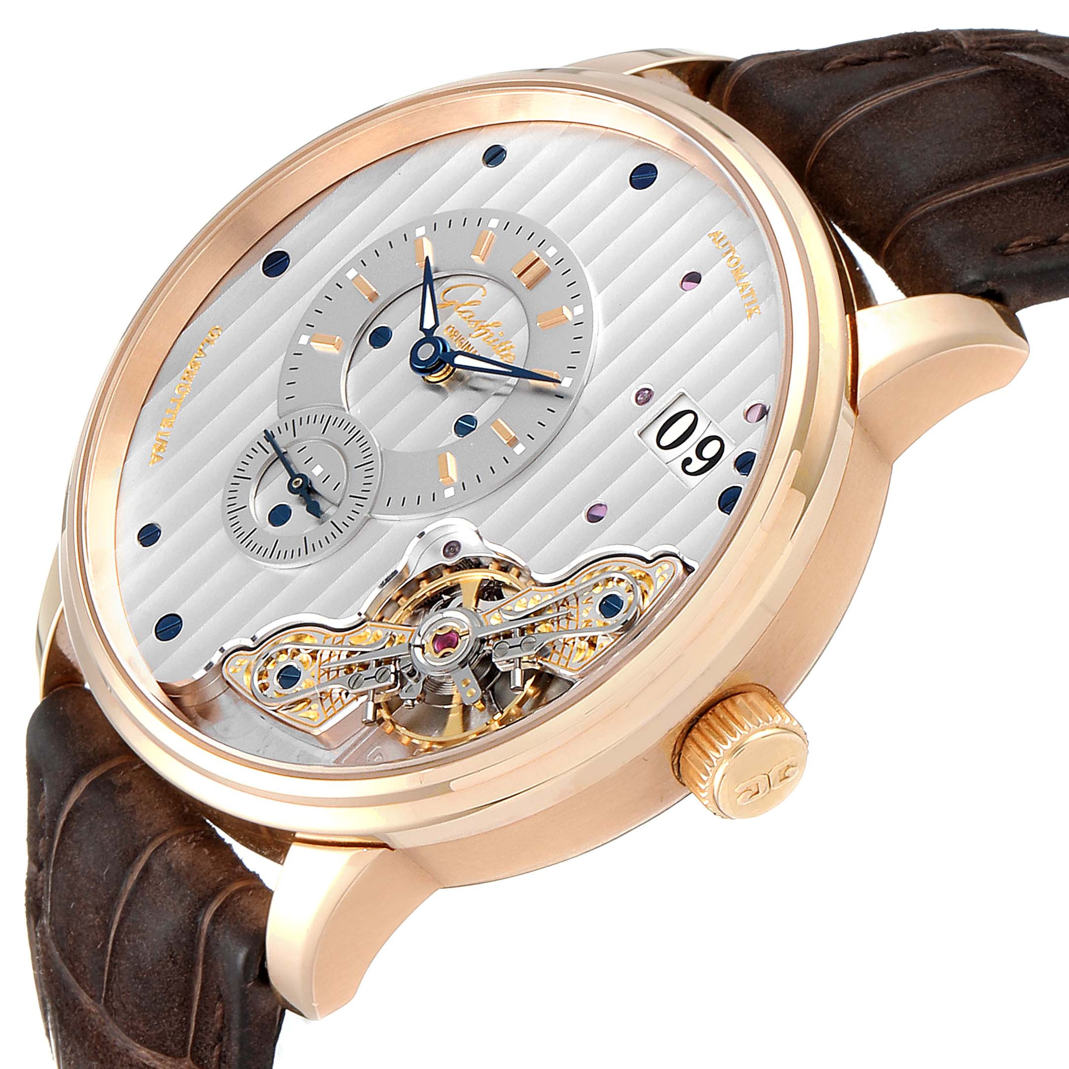 The image shows a Glashutte Original 1-91-02-01-05-30 Men's Rose Gold Grey Dial 1-91-02-01-05-30 Men's Rose Gold Grey Dial model watch at a slight angle, featuring a detailed face, subdials, and a gold-toned case with a brown leather strap.