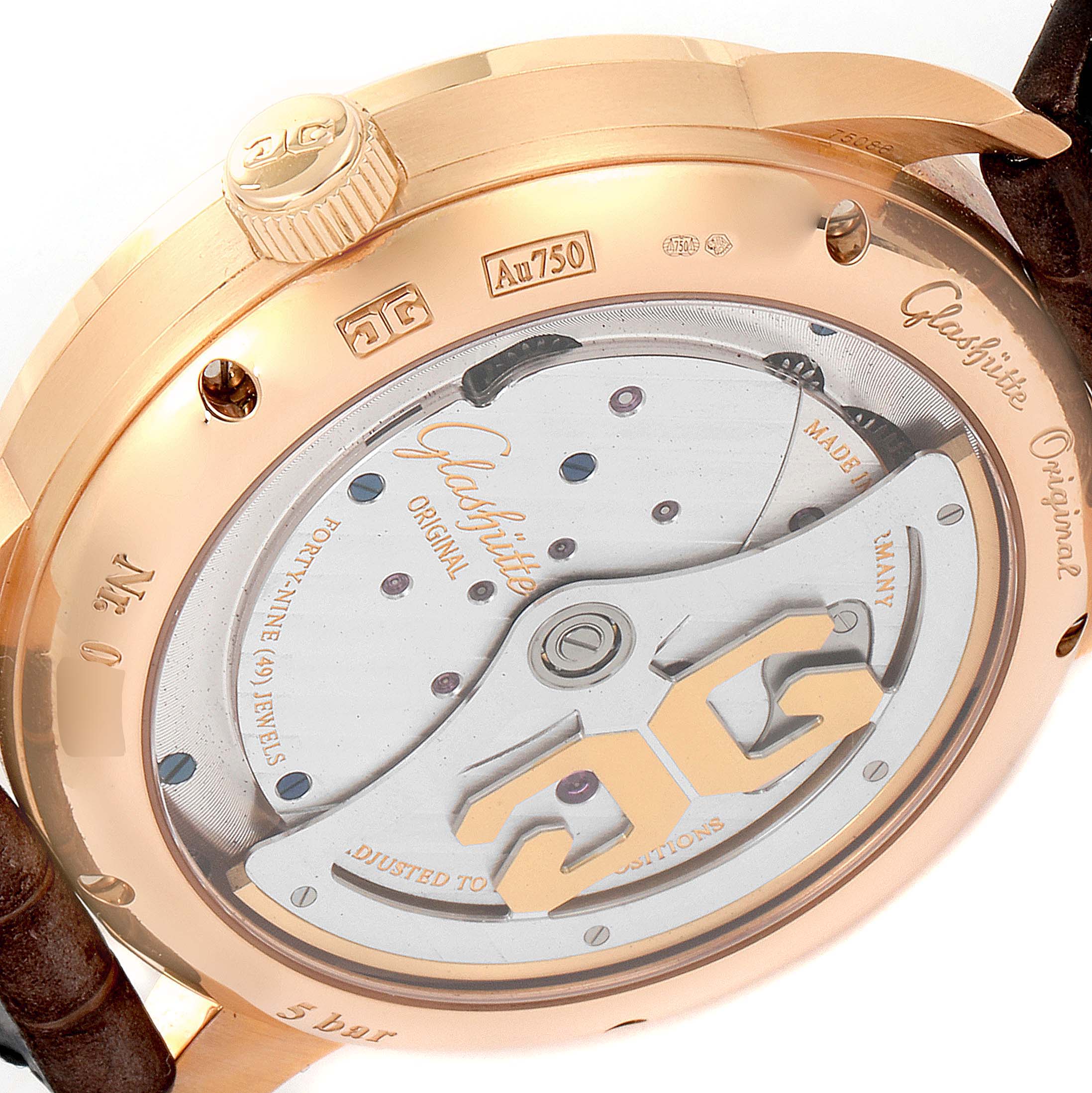The image shows the back view of the Glashütte Original watch, highlighting the movement and the rotor.